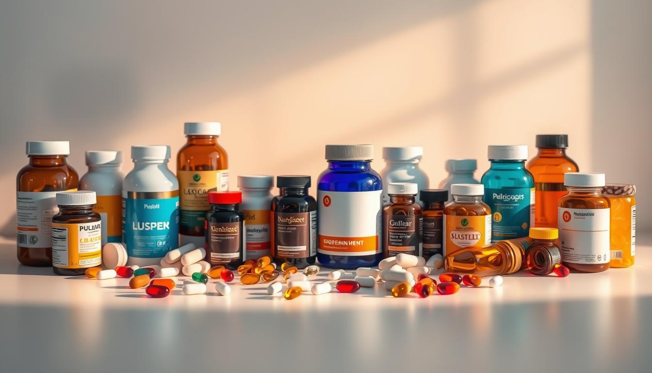 Vibrant array of doctor-recommended supplements against a sleek, minimalist backdrop. In the foreground, a collection of various capsules, tablets, and liquid bottles arranged in an aesthetically pleasing composition, bathed in warm, directional lighting that highlights their textures and colors. In the middle ground, a clean, white surface with subtle shadows, conveying a sense of professionalism and clinical precision. The background features a soft, out-of-focus gradient, drawing the viewer's attention to the central supplements. The overall atmosphere is one of authority, trust, and a commitment to longevity through evidence-based natural remedies.