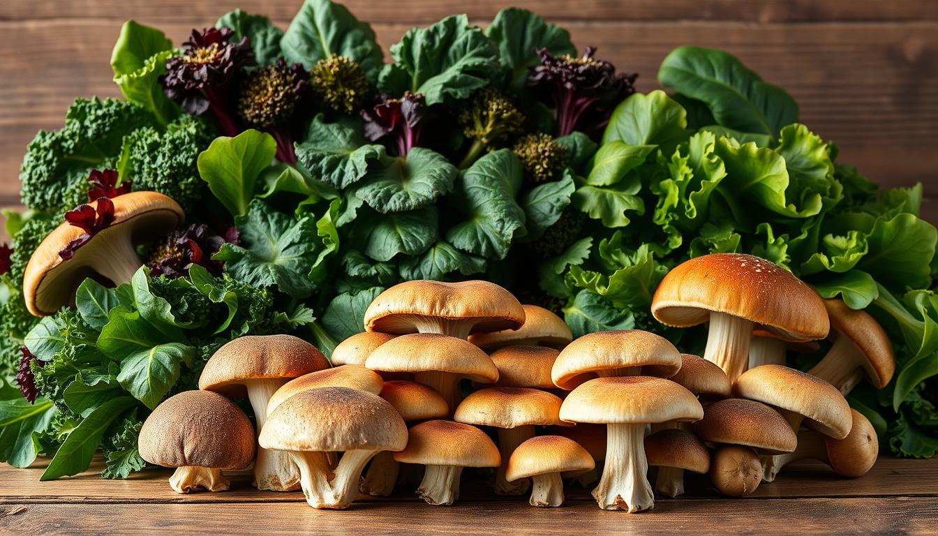 Vibrant array of immune-boosting mushrooms and greens arranged on a rustic wooden surface. In the foreground, clusters of shiitake, oyster, and reishi mushrooms stand tall, their earthy caps glistening. Behind them, a medley of leafy greens - kale, spinach, and swiss chard - cascade in a lush, verdant display. Warm, natural lighting casts a soft glow, accentuating the rich colors and textures. The composition evokes a sense of vitality and nourishment, inviting the viewer to savor the power of these superfoods. Captured with a crisp, high-resolution lens to showcase the intricate details.