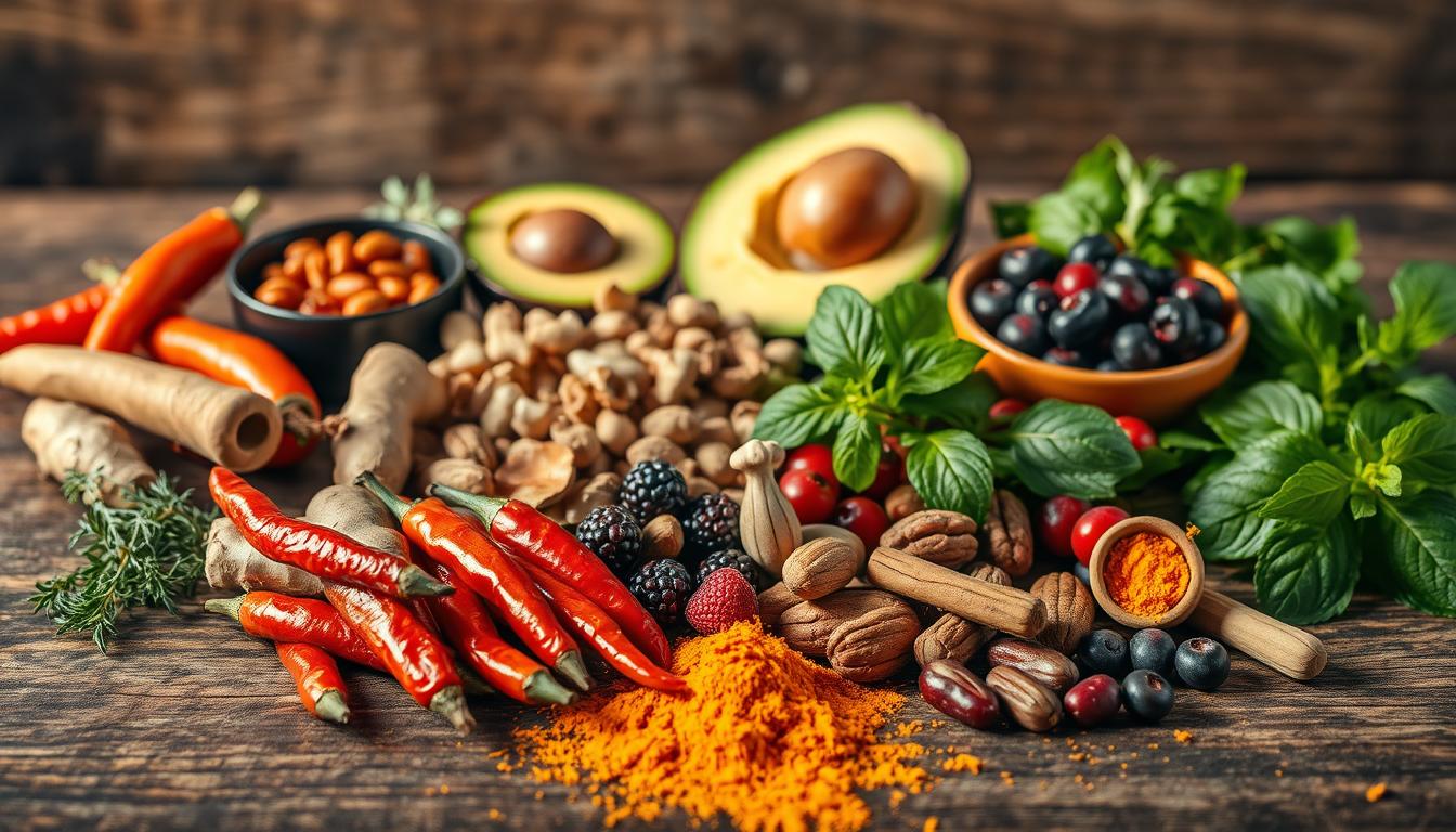 Vibrant array of natural fat-burning ingredients artfully arranged on a rustic wooden surface. In the foreground, a collection of fresh herbs such as cayenne pepper, ginger, and turmeric, their vibrant colors and textures contrasting with the earthy tones of the background. In the middle ground, a selection of superfoods like avocado, nuts, and berries, each element carefully positioned to create a harmonious, visually appealing composition. The lighting is warm and natural, casting soft shadows that add depth and dimension to the scene. The overall mood is one of wellness, vitality, and the power of nature to support a healthy, balanced lifestyle.