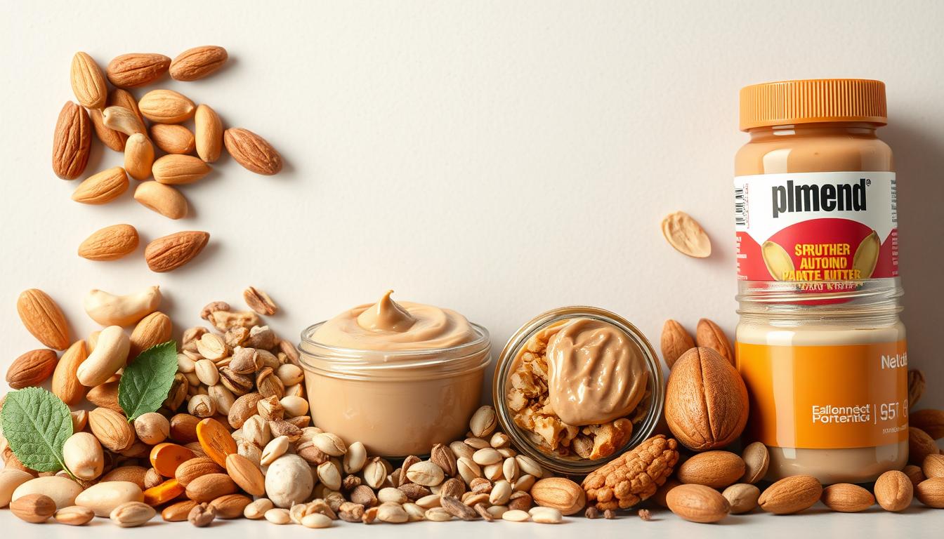 Vibrant, artfully-arranged still life featuring an assortment of nuts, seeds, and nut butters against a neutral background. A variety of textures and shapes, including whole almonds, cashews, peanuts, sunflower and pumpkin seeds, crunchy peanut butter, and creamy almond butter. Soft, flattering lighting reveals the natural hues and sheen of the ingredients. Composition is balanced and visually appealing, drawing the eye to the delectable protein-rich snacks. Overall, a tempting, high-quality image to accompany the "Mix and Match: Nuts, Seeds, and Nut Butters" section of the article.