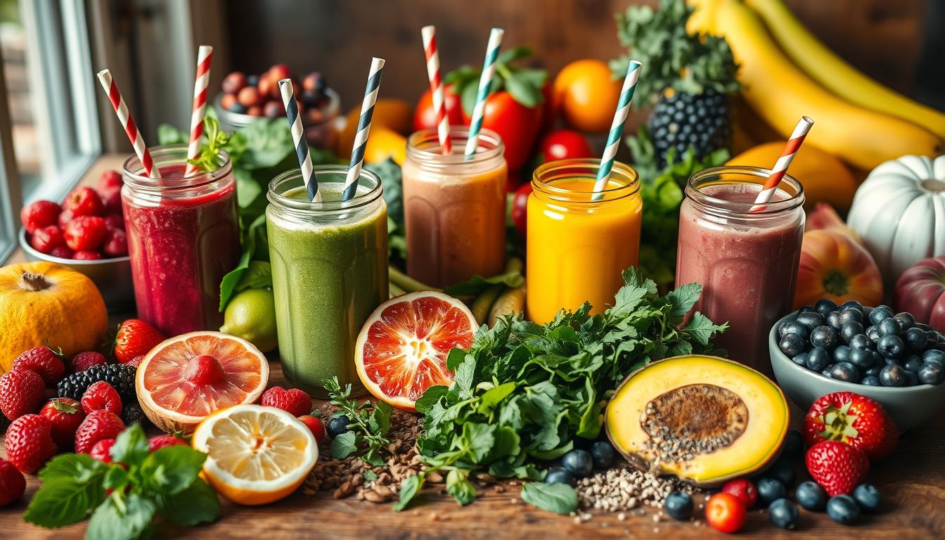Vibrant assortment of fresh smoothie ingredients on a wooden table. Blended drinks in glass jars with straws, surrounded by ripe berries, sliced fruits, leafy greens, and various superfoods. Warm, natural lighting casts a soft glow, highlighting the rich colors and textures. The scene evokes a sense of vitality and nourishment, inviting the viewer to experience the energizing and metabolism-boosting benefits of these wholesome, homemade smoothies.