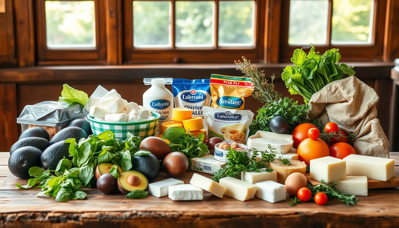 Vibrant assortment of low-cost keto pantry essentials arranged on a rustic wooden table, illuminated by warm natural lighting from a large window. An assortment of high-fat dairy products such as avocados, eggs, and full-fat cheese blocks. Complemented by leafy greens, crunchy vegetables, and aromatic herbs, creating a visually appealing and nutritious keto-friendly display. The scene exudes a cozy, inviting atmosphere, showcasing how to build a well-stocked keto pantry on a budget.