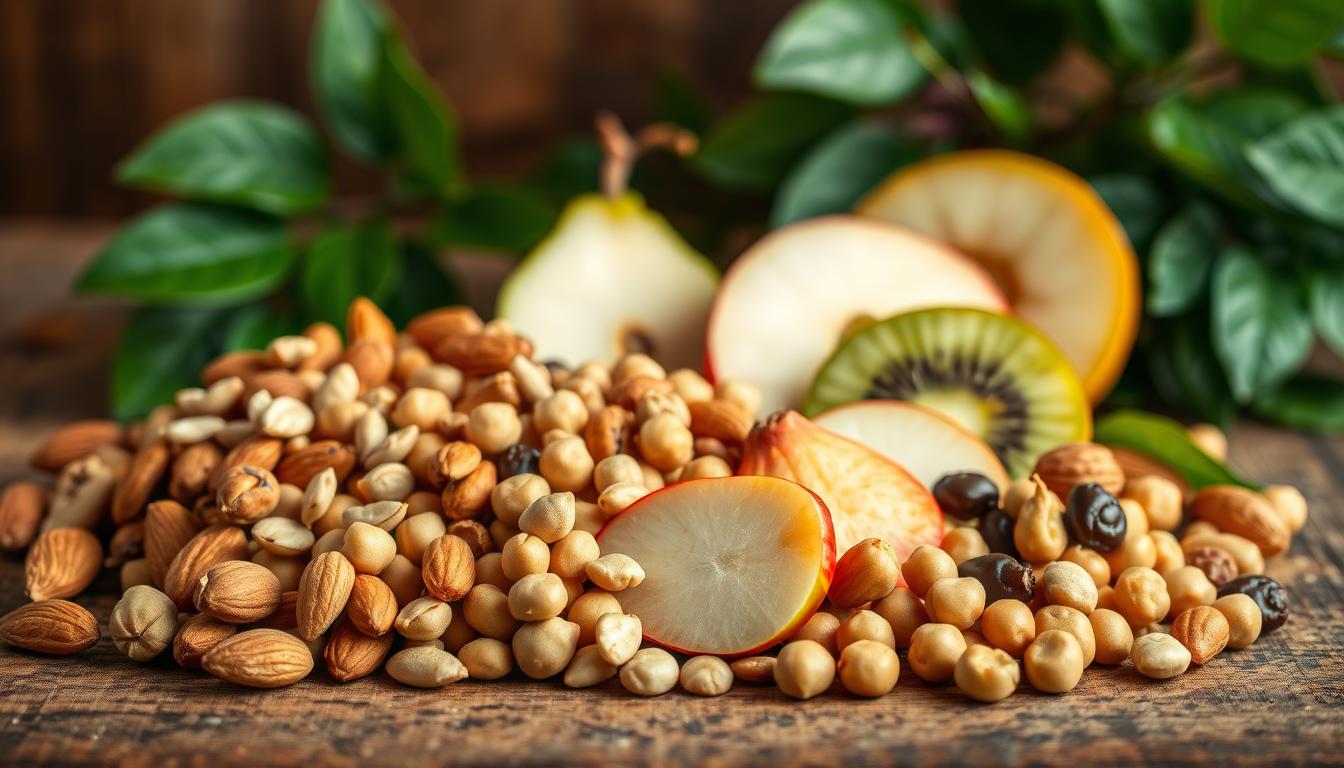 Vibrant assortment of plant-based protein snacks artfully arranged on a rustic wooden surface. In the foreground, various nuts, seeds, and legumes such as almonds, pumpkin seeds, and chickpeas. In the middle ground, slices of fresh fruit like apple, pear, and kiwi. The background features lush green leaves, adding a touch of natural wonder. Soft, warm lighting casts a comforting glow, highlighting the rich, earthy tones and textures of the ingredients. The overall composition conveys a sense of health, vitality, and a wholesome, balanced approach to snacking.