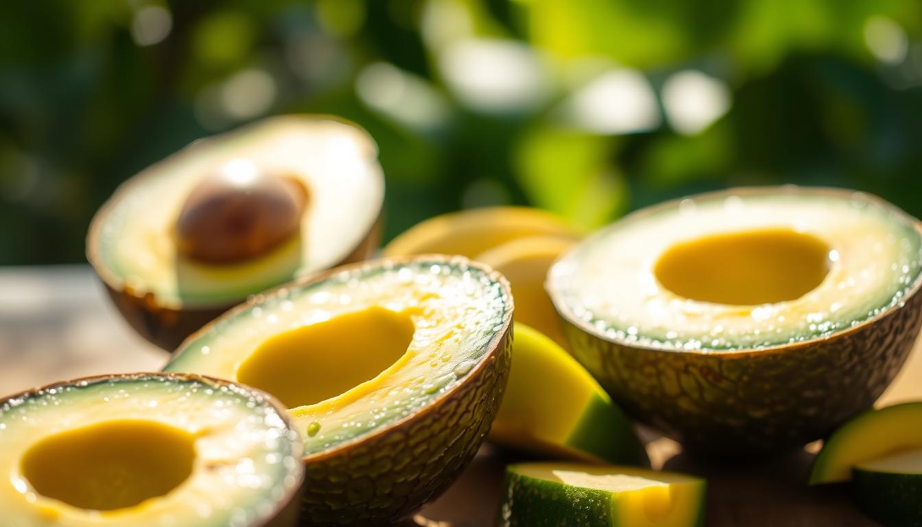 Vibrant avocado halves, sliced open to reveal their creamy, rich interior. Sunlight bathes the scene, casting a warm glow and highlighting the avocado's natural hues - the deep green of the skin, the buttery yellow-green flesh, and the small, dark pit. In the foreground, the avocado's texture is captured in meticulous detail, showcasing its smooth, velvety surface. The middle ground features a scattering of avocado slices, each one a perfect wedge, arranged in a visually pleasing composition. The background is blurred, drawing the viewer's focus to the star of the image - the avocado, the ultimate fat-burning powerhouse.