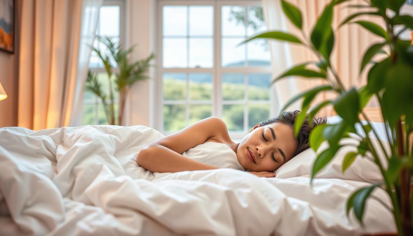 Vibrant bedroom scene with a person sleeping peacefully, surrounded by natural elements that symbolize the importance of sleep for weight management. Soft, warm lighting illuminates the serene environment, with a lush, verdant plant in the foreground and a window overlooking a peaceful landscape in the background. The person's face is relaxed, and their body is comfortably nestled in crisp, white bedding, conveying the restorative power of quality sleep. The overall mood is calming and rejuvenating, highlighting the link between adequate rest and effective weight management. Vibrant bedroom scene with a person sleeping peacefully, surrounded by natural elements that symbolize the importance of sleep for weight management. Soft, warm lighting illuminates the serene environment, with a lush, verdant plant in the foreground and a window overlooking a peaceful landscape in the background. The person's face is relaxed, and their body is comfortably nestled in crisp, white bedding, conveying the restorative power of quality sleep. The overall mood is calming and rejuvenating, highlighting the link between adequate rest and effective weight management.