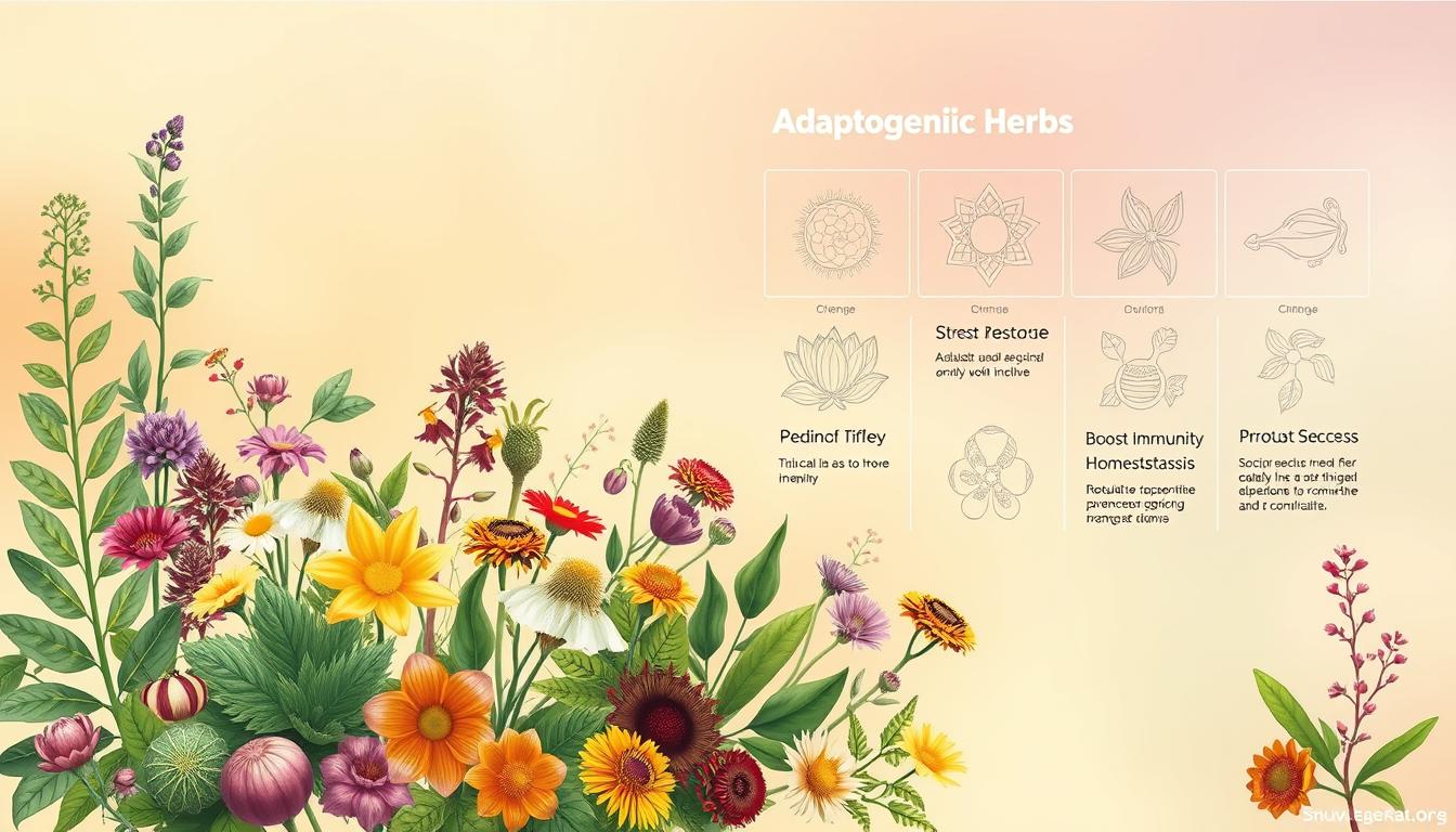Vibrant botanical illustration depicting the key criteria that define adaptogenic herbs. In the foreground, an arrangement of several diverse adaptogenic plants, each with distinct morphological features like leaves, stems, and flowers. The middle ground showcases detailed line drawings highlighting the adaptogenic properties of these herbs, such as their ability to regulate the stress response, boost immunity, and promote homeostasis. The background features a soft, ethereal gradient in soothing earthy tones, creating a tranquil and contemplative atmosphere. The overall composition is balanced, visually striking, and scientifically informative.