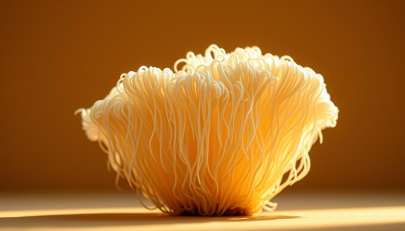 Vibrant close-up image of a lion's mane mushroom (Hericium erinaceus), showcasing its distinctive cascading tendrils and delicate, ivory-colored caps. Illuminated by warm, natural lighting that casts soft shadows, accentuating the mushroom's intricate, almost otherworldly texture. The foreground is in sharp focus, while the background is gently blurred, maintaining a minimalist, studio-like setting to highlight the mushroom's captivating appearance. The overall composition emphasizes the mushroom's medicinal and health-promoting properties, conveying a sense of its potential benefits for cognitive function, immune support, and overall well-being.