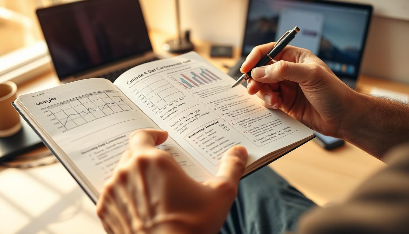 Vibrant close-up of a man's hand holding a notebook, tracking his daily carnivore diet progress with a pen. The notebook's pages are filled with detailed graphs, charts, and handwritten notes, capturing his weight, energy levels, and other key metrics. The lighting is warm and natural, casting a soft glow on the scene. In the background, a clean, minimalist workspace with a laptop and a few personal items, creating a focused and organized atmosphere. The overall mood conveys a sense of dedication, discipline, and a commitment to personal health and self-improvement.