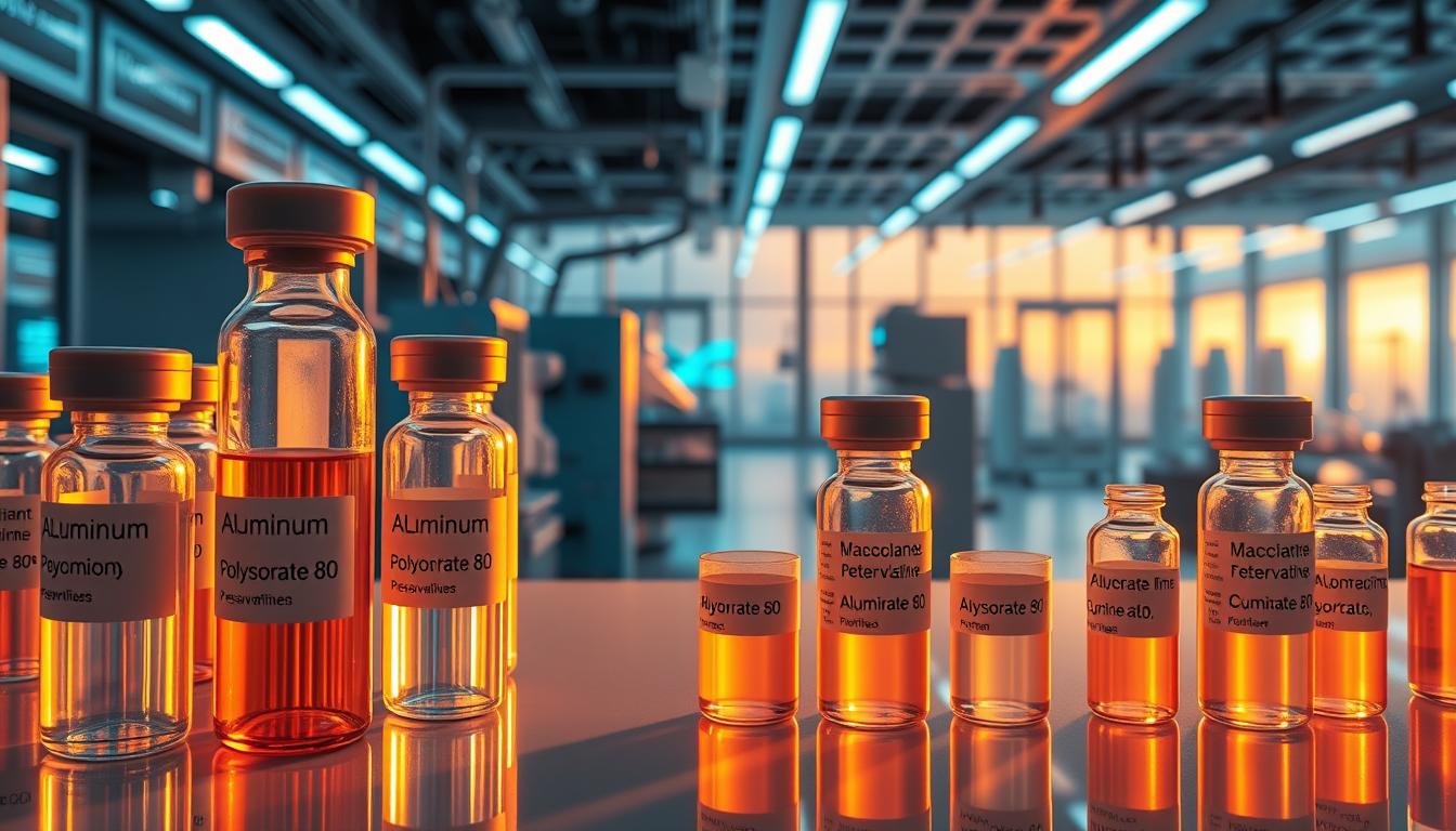 Vibrant, colorful, and epic display of common vaccine additives. In the foreground, an array of glass vials filled with various compounds - aluminum, polysorbate 80, and other preservatives. Backlit by a warm, golden glow, casting long shadows and creating a sense of depth. The middle ground features a futuristic lab setting, with sleek medical equipment and glowing technological displays. In the background, a panoramic view of a modern, high-tech research facility, hinting at the scale and complexity of the vaccine industry. The overall atmosphere is one of scientific authority and clinical precision, inviting the viewer to explore the intricacies of these vaccine components.