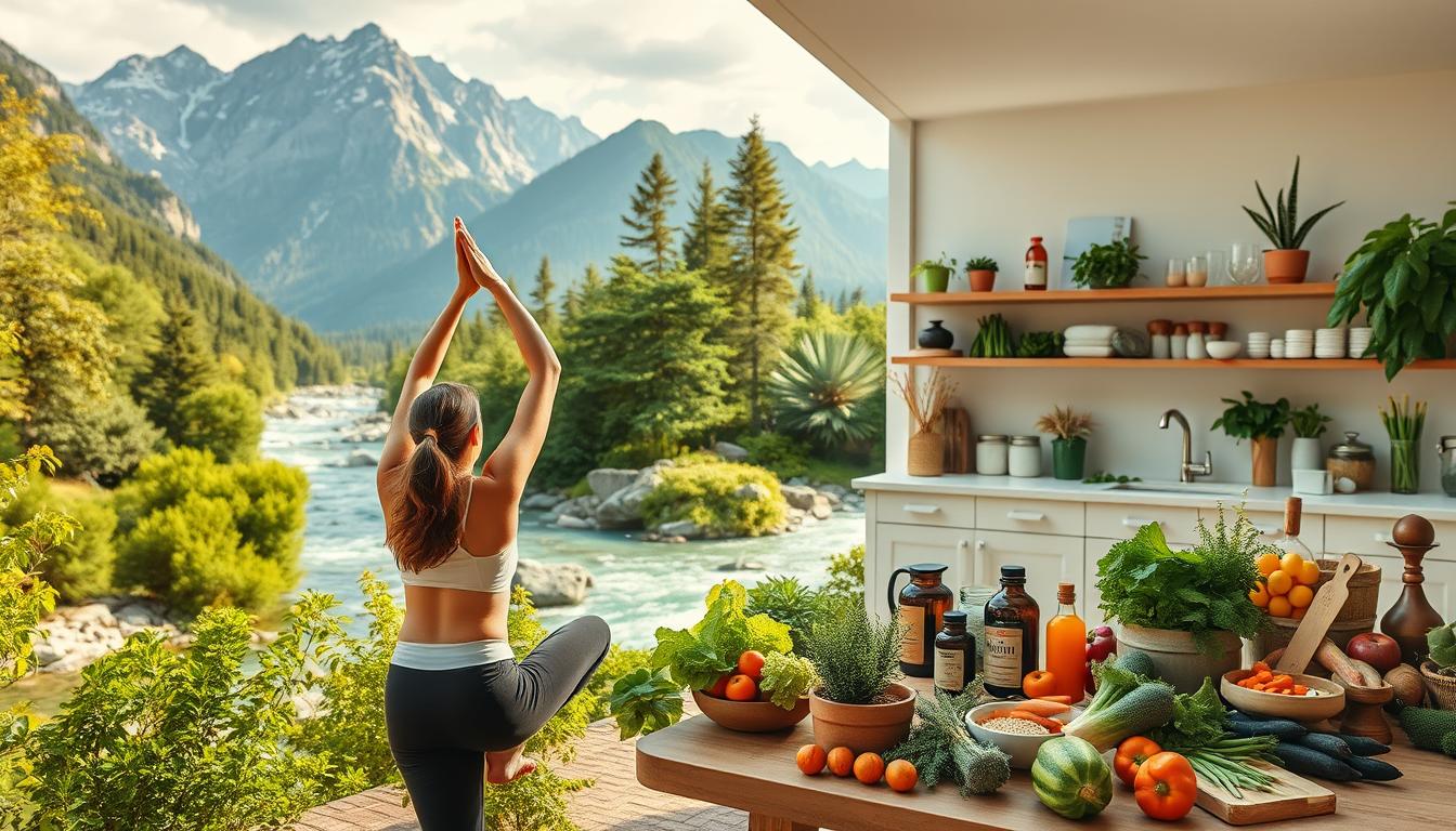 Vibrant, colorful, and epic scene depicting lifestyle shifts for effective detox. In the foreground, a person engages in yoga and meditation amidst a serene natural setting, with lush greenery, a flowing river, and a majestic mountain backdrop. The middle ground showcases a well-stocked kitchen filled with an abundance of fresh, organic produce, herbs, and natural supplements. In the background, a tranquil home environment with minimalist decor and ample sunlight, symbolizing a clean, clutter-free living space. The lighting is soft and natural, with a warm, inviting atmosphere that evokes a sense of balance, renewal, and holistic well-being. Vibrant, colorful, and epic scene depicting lifestyle shifts for effective detox. In the foreground, a person engages in yoga and meditation amidst a serene natural setting, with lush greenery, a flowing river, and a majestic mountain backdrop. The middle ground showcases a well-stocked kitchen filled with an abundance of fresh, organic produce, herbs, and natural supplements. In the background, a tranquil home environment with minimalist decor and ample sunlight, symbolizing a clean, clutter-free living space. The lighting is soft and natural, with a warm, inviting atmosphere that evokes a sense of balance, renewal, and holistic well-being.