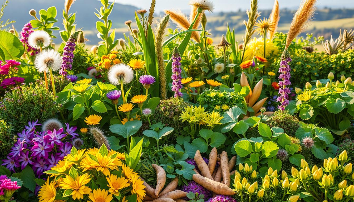 Vibrant, colorful, epic scene featuring an array of lush, verdant herbs arranged in a captivating display. In the foreground, a diverse assortment of leafy greens, fragrant florals, and vibrant roots fill the frame, bathed in warm, golden light. The middle ground showcases a harmonious blend of medicinal plants known for their detoxifying properties, such as dandelion, milk thistle, and turmeric, each showcasing its unique texture and hue. The background reveals a serene, natural landscape, hinting at the holistic connection between these herbs and the earth. The overall composition evokes a sense of balance, vitality, and the powerful healing potential of nature. Vibrant, colorful, epic scene featuring an array of lush, verdant herbs arranged in a captivating display. In the foreground, a diverse assortment of leafy greens, fragrant florals, and vibrant roots fill the frame, bathed in warm, golden light. The middle ground showcases a harmonious blend of medicinal plants known for their detoxifying properties, such as dandelion, milk thistle, and turmeric, each showcasing its unique texture and hue. The background reveals a serene, natural landscape, hinting at the holistic connection between these herbs and the earth. The overall composition evokes a sense of balance, vitality, and the powerful healing potential of nature.