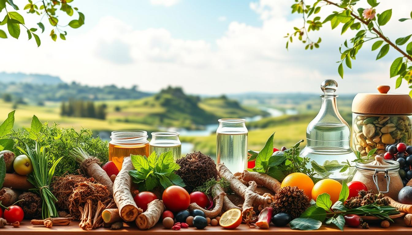Vibrant, colorful scene depicting various natural detox methods. In the foreground, a variety of herbs, roots, and fruits are artfully arranged, representing common detoxifying ingredients. The middle ground showcases glass jars, bowls, and diffusers, hinting at holistic detox practices like herbal teas, essential oils, and spa treatments. In the background, a serene landscape with lush greenery, flowing water, and a calming sky sets the mood for a restorative, therapeutic experience. Soft, natural lighting casts a warm glow over the entire scene, evoking a sense of balance and well-being.