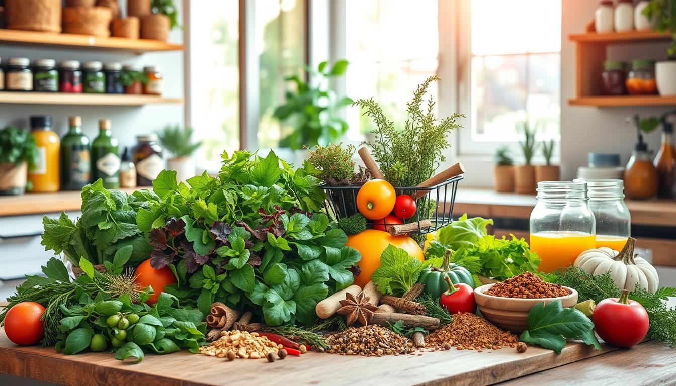 Vibrant, colorful scene showcasing the harmonious blending of organic foods, fresh herbs, and a serene lifestyle. In the foreground, an abundance of nutritious ingredients - leafy greens, vibrant vegetables, fragrant herbs, and healing spices - artfully arranged on a rustic wooden table. Behind them, a fully stocked pantry, jars of herbal tinctures, and an open window revealing a tranquil outdoor setting with lush greenery. Soft, natural lighting filters through, creating a warm, inviting atmosphere. The overall composition conveys a sense of balance, wellness, and the power of nourishing the body through thoughtful, holistic choices. Vibrant, colorful scene showcasing the harmonious blending of organic foods, fresh herbs, and a serene lifestyle. In the foreground, an abundance of nutritious ingredients - leafy greens, vibrant vegetables, fragrant herbs, and healing spices - artfully arranged on a rustic wooden table. Behind them, a fully stocked pantry, jars of herbal tinctures, and an open window revealing a tranquil outdoor setting with lush greenery. Soft, natural lighting filters through, creating a warm, inviting atmosphere. The overall composition conveys a sense of balance, wellness, and the power of nourishing the body through thoughtful, holistic choices.