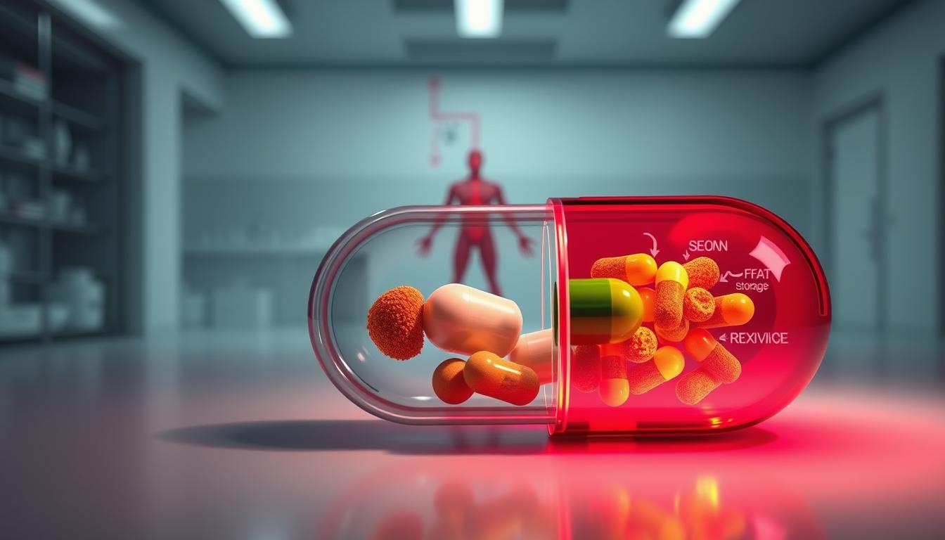 Vibrant cross-section illustration of the inner workings of a caffeine-free fat burner supplement. In the foreground, a detailed rendering of the capsule's components, including the active ingredients, encapsulation, and delivery mechanisms. The middle ground depicts the supplement's effects on the body, with arrows and diagrams showcasing how the ingredients interact with metabolism, fat storage, and energy expenditure. The background features a clean, minimalist laboratory setting, suggesting the scientific research and development behind the product. Crisp, high-contrast lighting accentuates the complex interplay of chemical processes, creating a sense of dynamism and visual interest. Vibrant cross-section illustration of the inner workings of a caffeine-free fat burner supplement. In the foreground, a detailed rendering of the capsule's components, including the active ingredients, encapsulation, and delivery mechanisms. The middle ground depicts the supplement's effects on the body, with arrows and diagrams showcasing how the ingredients interact with metabolism, fat storage, and energy expenditure. The background features a clean, minimalist laboratory setting, suggesting the scientific research and development behind the product. Crisp, high-contrast lighting accentuates the complex interplay of chemical processes, creating a sense of dynamism and visual interest.