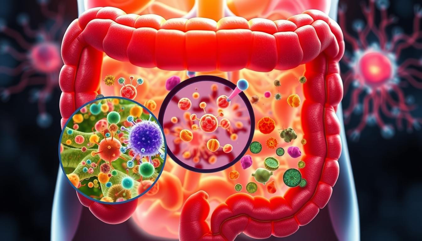 Vibrant cross-section of the human gut, showcasing the diverse ecosystem of gut bacteria and their impact on inflammation. In the foreground, a detailed illustration of various gut microbes, each with unique shapes and colors, interacting with the intestinal lining. The middle ground features a magnified view of immune cells, highlighting the inflammatory response triggered by an imbalance in gut flora. In the background, a stylized representation of the circulatory system, symbolizing the systemic effects of gut-related inflammation on overall health and weight management. Crisp, high-resolution imagery captured with a wide-angle lens, illuminated by soft, diffused lighting to create a sense of depth and scientific intrigue.