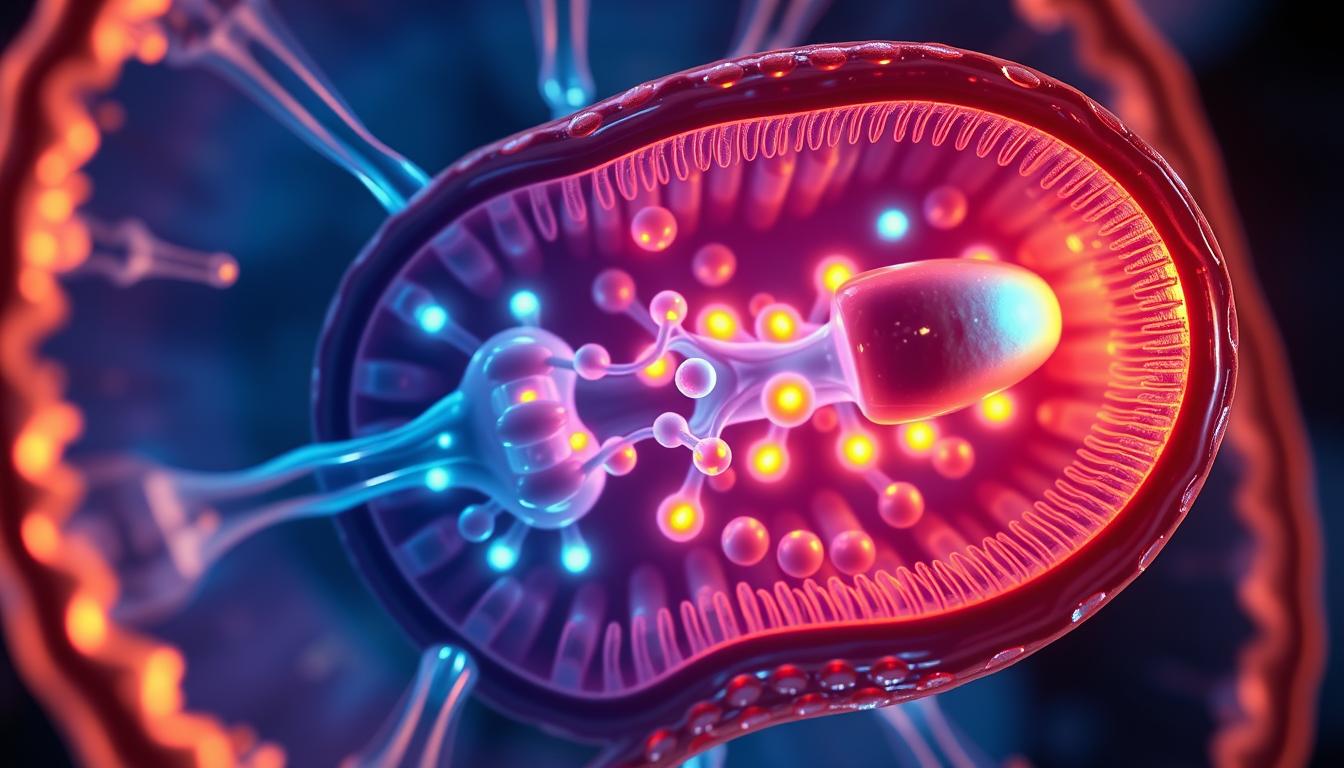 Vibrant cutaway illustration showcasing the intricate inner workings of a mitochondrion, the cellular powerhouses that generate energy for the body. Detailed cross-section reveals the cristae, matrix, and outer membrane structures, with glowing ATP synthase complexes dotting the inner membrane. Soft lighting casts an ethereal glow, highlighting the dynamic flow of electrons through the electron transport chain. Precise, technical angles capture the organelle's impressive scale and complexity, conveying its vital role in supporting cellular function. A clean, scientific composition that visually educates and inspires wonder at the marvels of human biology.