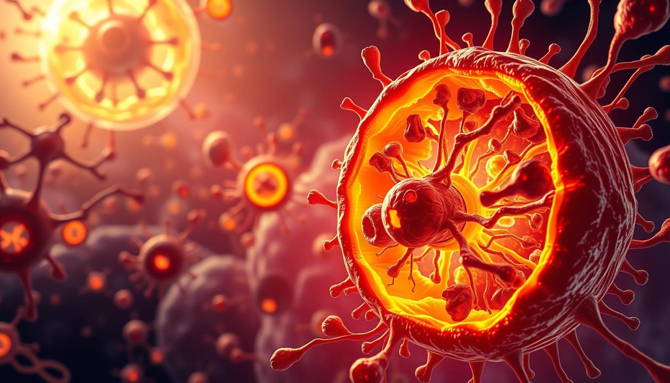 Vibrant, detailed illustration of mitochondrial dysfunction. In the foreground, a cutaway view of a mitochondrion, its inner membrane disrupted, cristae disorganized, and oxidative phosphorylation impaired. Surrounding it, a network of other mitochondria, some appearing healthy and glowing, others exhibiting distorted, fragmented morphologies. In the middle ground, a cellular landscape with organelles and cytoplasm, all bathed in warm, energetic lighting. The background depicts a broader view of the cell, with the nucleus visible and subtle, muted colors suggesting a state of metabolic imbalance and physiological stress.