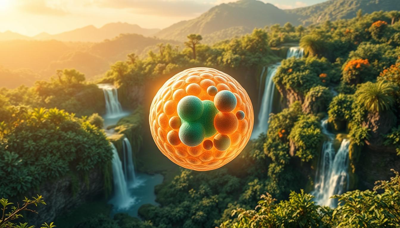 Vibrant, detailed image of a healthy mitochondrion in the center of the frame. The organelle is depicted with intricate cristae structures and a luminous, iridescent membrane. Surrounding it, a lush, verdant landscape with flourishing plant life, cascading waterfalls, and a warm, golden-hued sky. The scene is illuminated by soft, directional lighting, creating depth and emphasizing the mitochondrion's dynamic energy production. The overall composition conveys a sense of balance, vitality, and the crucial role of mitochondrial health in sustaining life.