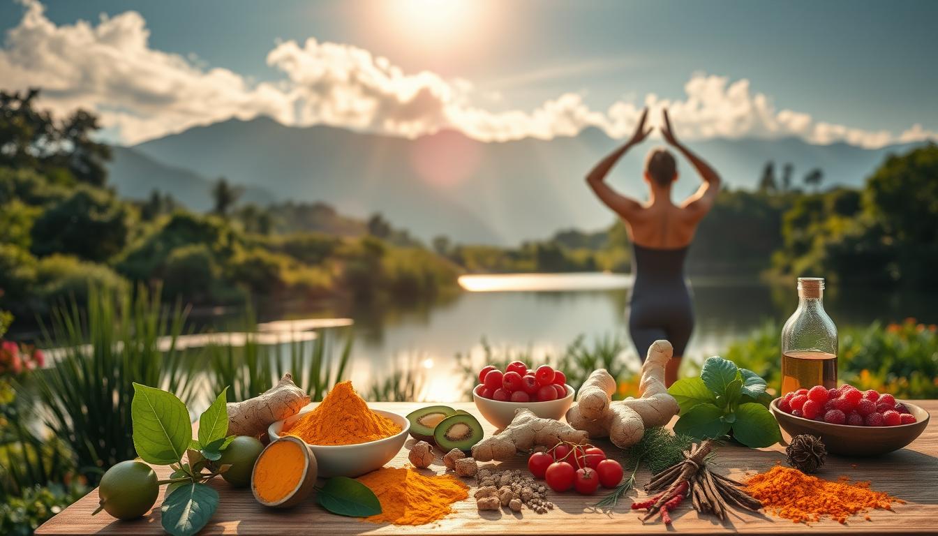 Vibrant, epic colors depict a serene lifestyle scene focused on natural inflammation reduction. In the foreground, a person practices gentle yoga against a backdrop of lush greenery and a soothing pond. Mellow sunlight filters through wispy clouds, casting a warm glow. In the middle ground, a table displays an array of fresh, anti-inflammatory ingredients like turmeric, ginger, and berries. Complementary herbs and spices adorn the scene. The background showcases a tranquil mountain vista, hinting at the restorative power of nature. The overall mood is one of balance, harmony, and holistic well-being.