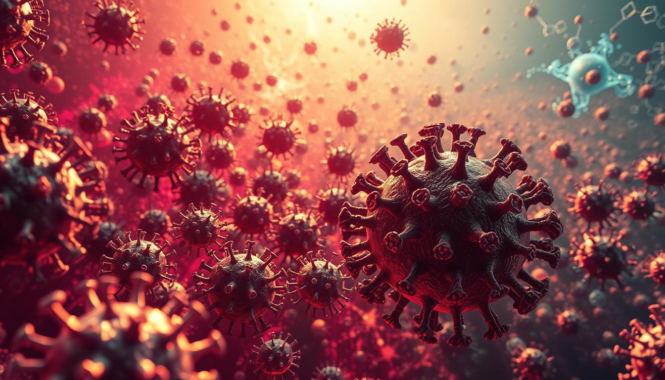 Vibrant, epic-scale visual depiction of the immune system's response to squalene-based vaccine adjuvants. In the foreground, a dynamic swarm of immune cells, their intricate structures and mechanisms revealed in striking detail. The middle ground showcases the squalene molecules, their oily nature and molecular interactions with the immune components vividly portrayed. The background depicts a complex, otherworldly landscape of cellular networks and signaling pathways, bathed in a rich, saturated color palette that conveys the scale and power of the physiological processes at play. Crisp, cinematic lighting and a dramatic, high-contrast lens effect heighten the sense of drama and importance.