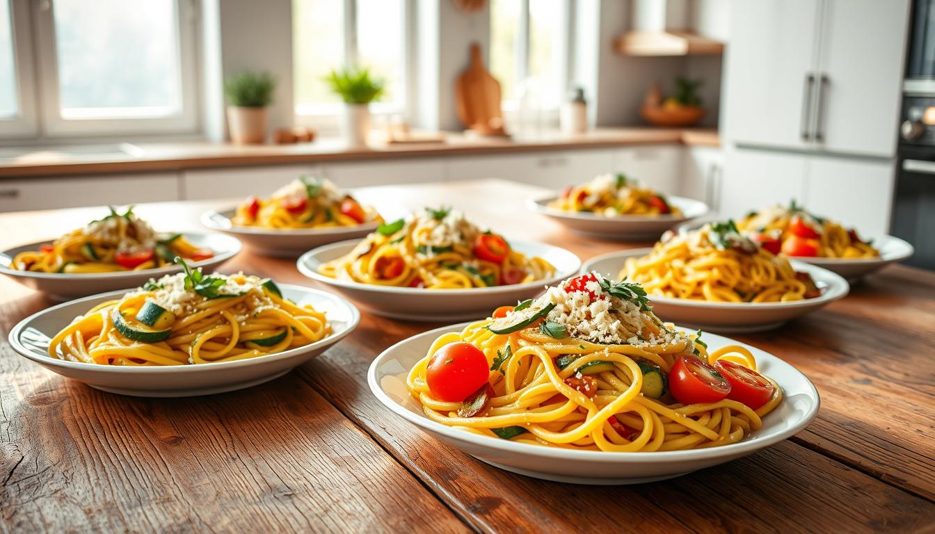 Vibrant, freshly prepared pasta dishes arranged on a rustic wooden table. Colorful vegetables - zucchini, bell peppers, tomatoes - nestled among the noodles, drizzled with a light, creamy sauce. Garnished with fragrant herbs and a sprinkle of parmesan. The scene is illuminated by soft, natural lighting from large windows, casting a warm glow over the table. In the background, a minimalist kitchen backdrop with clean, modern lines provides a clean, uncluttered setting. The overall atmosphere is one of simple, healthy indulgence - a tempting, low-calorie take on classic pasta comfort.