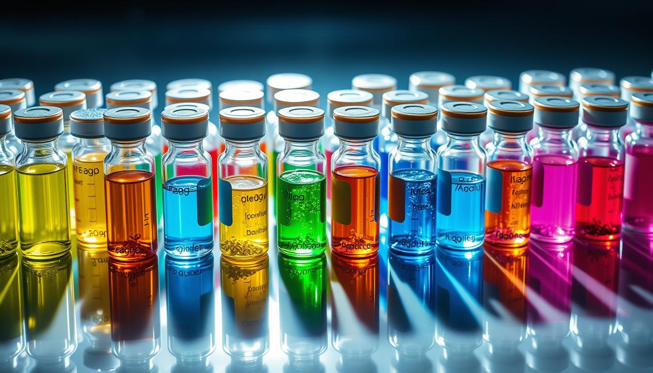 Vibrant glass vials filled with a colorful array of preservatives and stabilizers, meticulously organized on a sleek, reflective surface. The various compounds, each with its own unique hue, cast intricate shadows that dance across the backdrop, creating a sense of depth and complexity. Soft, directional lighting illuminates the scene, highlighting the intricate details and textures of the materials. The overall mood is one of scientific precision and clinical examination, inviting the viewer to explore the hidden ingredients that make up the complex formulations of modern vaccines.