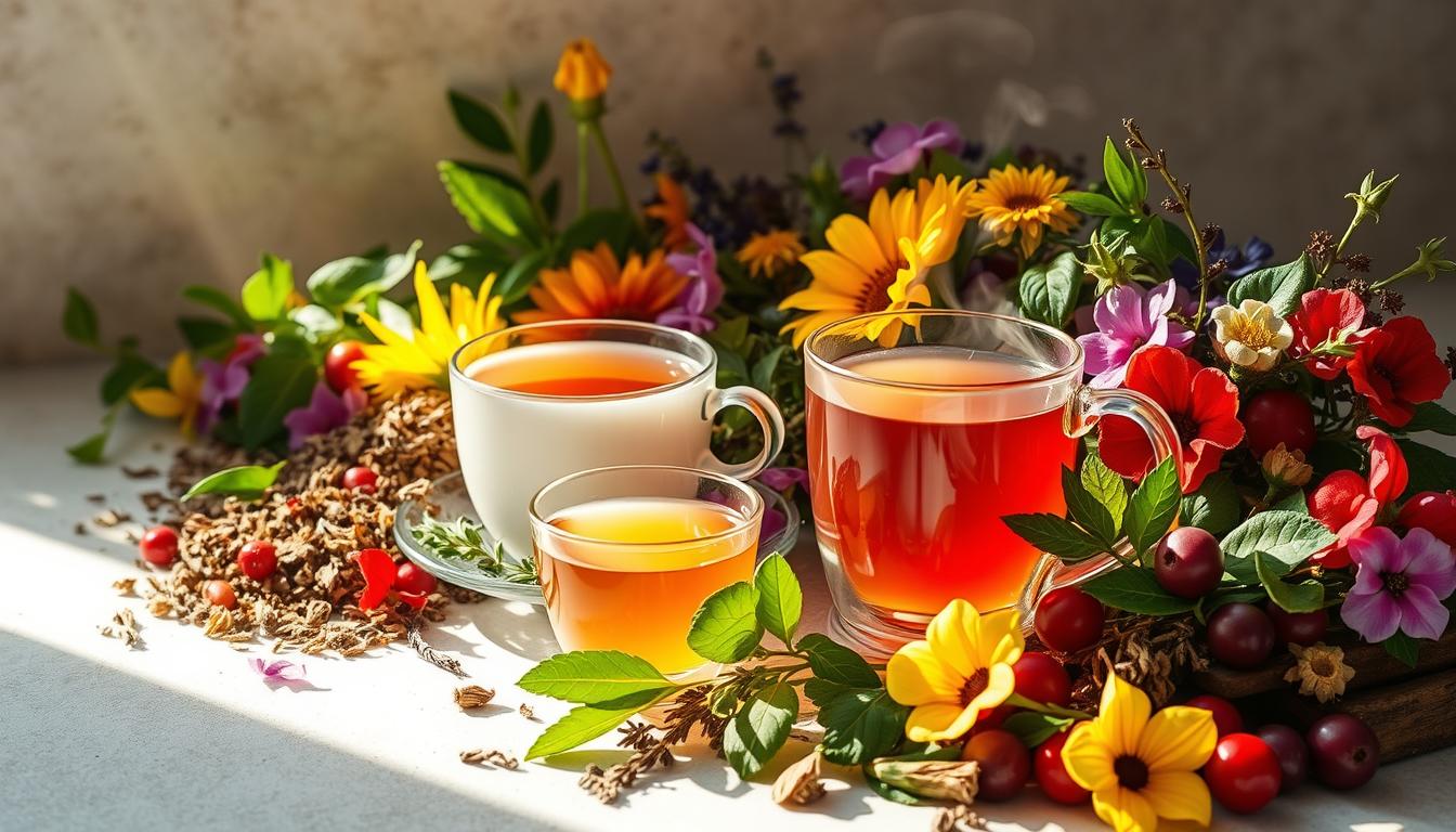 Vibrant herbal tea display: A carefully curated selection of fragrant, colorful herbal teas set against a neutral backdrop. Sunlight filters through the delicate leaves, casting a warm glow. Teacups brimming with steaming infusions, their soothing aromas beckoning. Nearby, an assortment of fresh botanicals - vibrant flowers, aromatic herbs, and juicy berries - complement the teas' natural goodness. Soft, diffused lighting highlights the inviting textures and vibrant hues, creating a serene, wellness-inspired scene. The overall composition conveys the nourishing benefits of these herbal elixirs, perfect for daily cellular health.