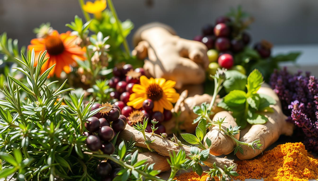 Vibrant herbs for immune health, arranged in a dynamic composition. Sunlit still life, with sprigs of rosemary, echinacea, elderberry, ginger, and turmeric in the foreground. Soft, diffused lighting from above, casting lively shadows. Ingredients for a powerful, natural boost, ready to be infused into teas, tonics, and daily routines. A sense of balance and vitality radiates from the scene, inviting the viewer to feel the restorative power of these carefully curated botanicals.