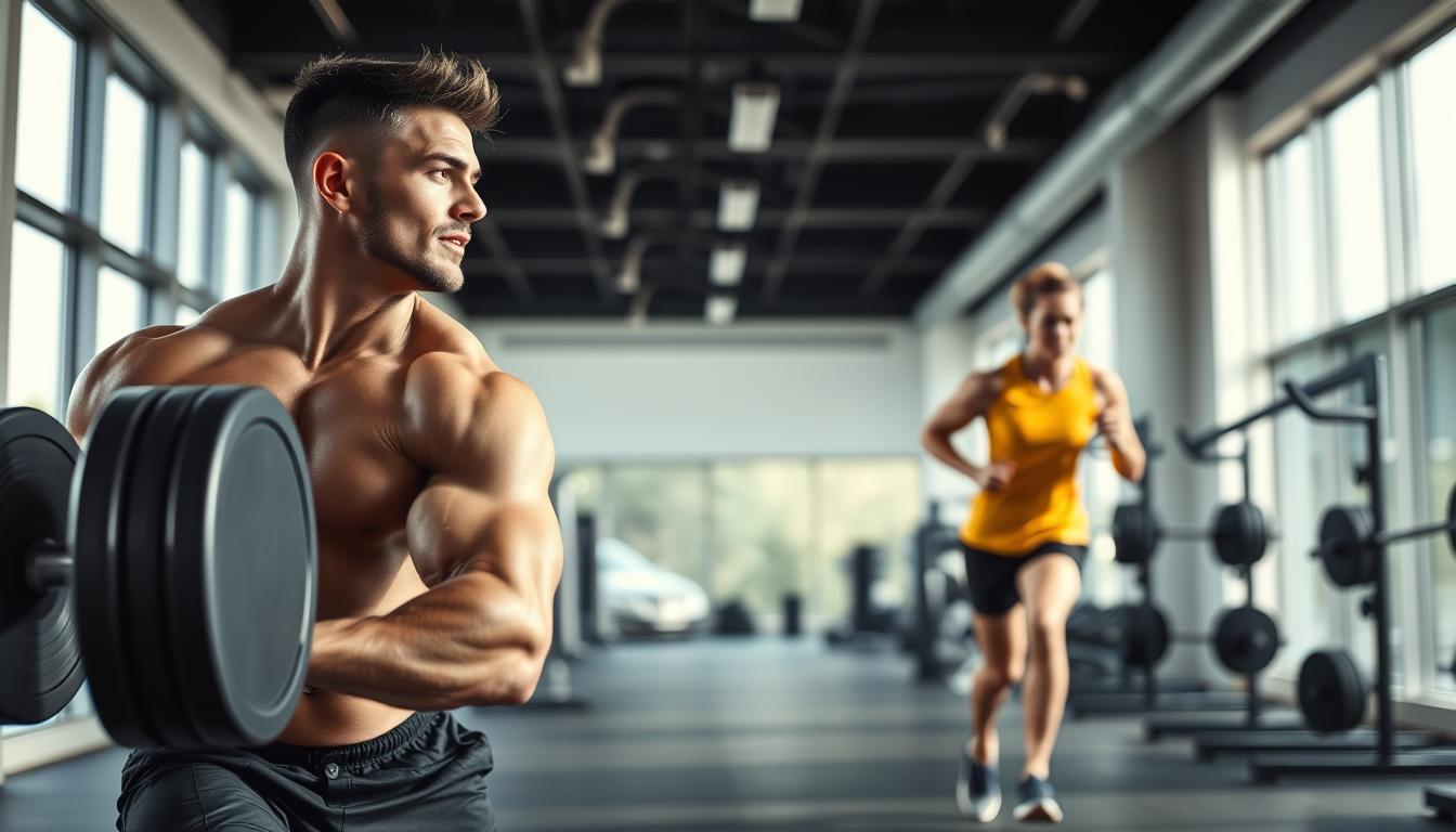Vibrant, high-contrast image of two athletes engaged in strength and endurance training. In the foreground, a muscular bodybuilder performing a heavy barbell squat, their face etched with determination. In the middle ground, a long-distance runner pacing steadily, their lean frame cutting through the frame. In the background, a sleek, well-equipped gym with modern equipment and natural lighting streaming in from large windows. The scene conveys the distinct disciplines of strength and endurance, each with its own unique benefits for boosting mitochondrial function.