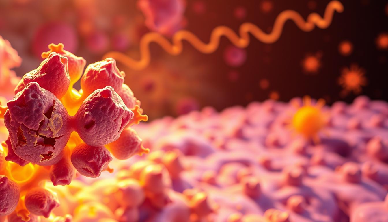 Vibrant, high-detailed micrograph of mitochondrial DNA mutations. In the foreground, a cluster of abnormal, distorted mitochondria with fragmented, irregular cristae structures. The middle ground depicts intricate, web-like strands of mutated mtDNA, revealing the underlying genetic instability. The background showcases a panoramic view of the cellular landscape, with healthy mitochondria juxtaposed against the damaged organelles, conveying the progressive deterioration associated with aging. Illuminated by warm, diffused lighting to emphasize the organic, biological nature of the subject matter. Captured with a high-resolution, macro lens to capture the intricate, microscopic details.