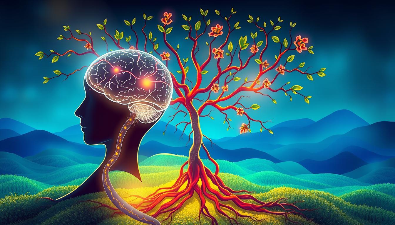 Vibrant illustration depicting the effects of adaptogens on the human nervous system and cortisol levels. In the foreground, a stylized representation of the human brain and nervous pathways, glowing with pulsing energy. Surrounding this, a network of intricate, intertwining plant elements representing the adaptogenic herbs, their roots delving deep into the background. The background features a dynamic, abstract landscape of varying shades of blue and green, conveying a sense of calm and balance. Soft, diffused lighting illuminates the scene, creating a serene, peaceful atmosphere. The overall composition showcases the harmonious interaction between the human body's stress response and the adaptogenic properties of the featured herbs.