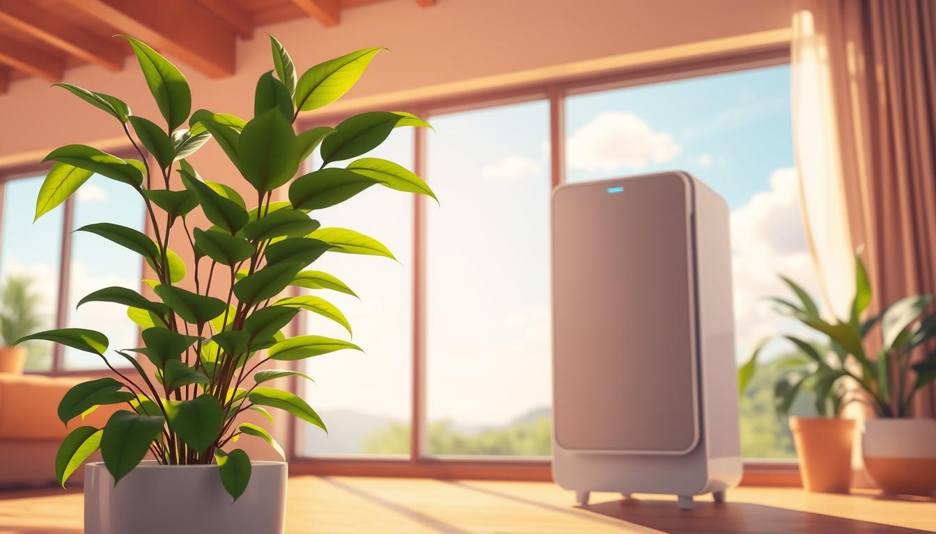 Vibrant illustration showcasing a serene indoor scene, bathed in warm natural light. In the foreground, a lush potted plant thrives, its verdant leaves gently swaying. The middle ground features a sleek, modern air purifier, its clean lines and minimalist design complementing the cozy, inviting atmosphere. In the background, large windows reveal a tranquil outdoor landscape, with soft clouds drifting across a bright, azure sky. The overall mood is one of calm, rejuvenation, and a heightened sense of air quality and well-being.