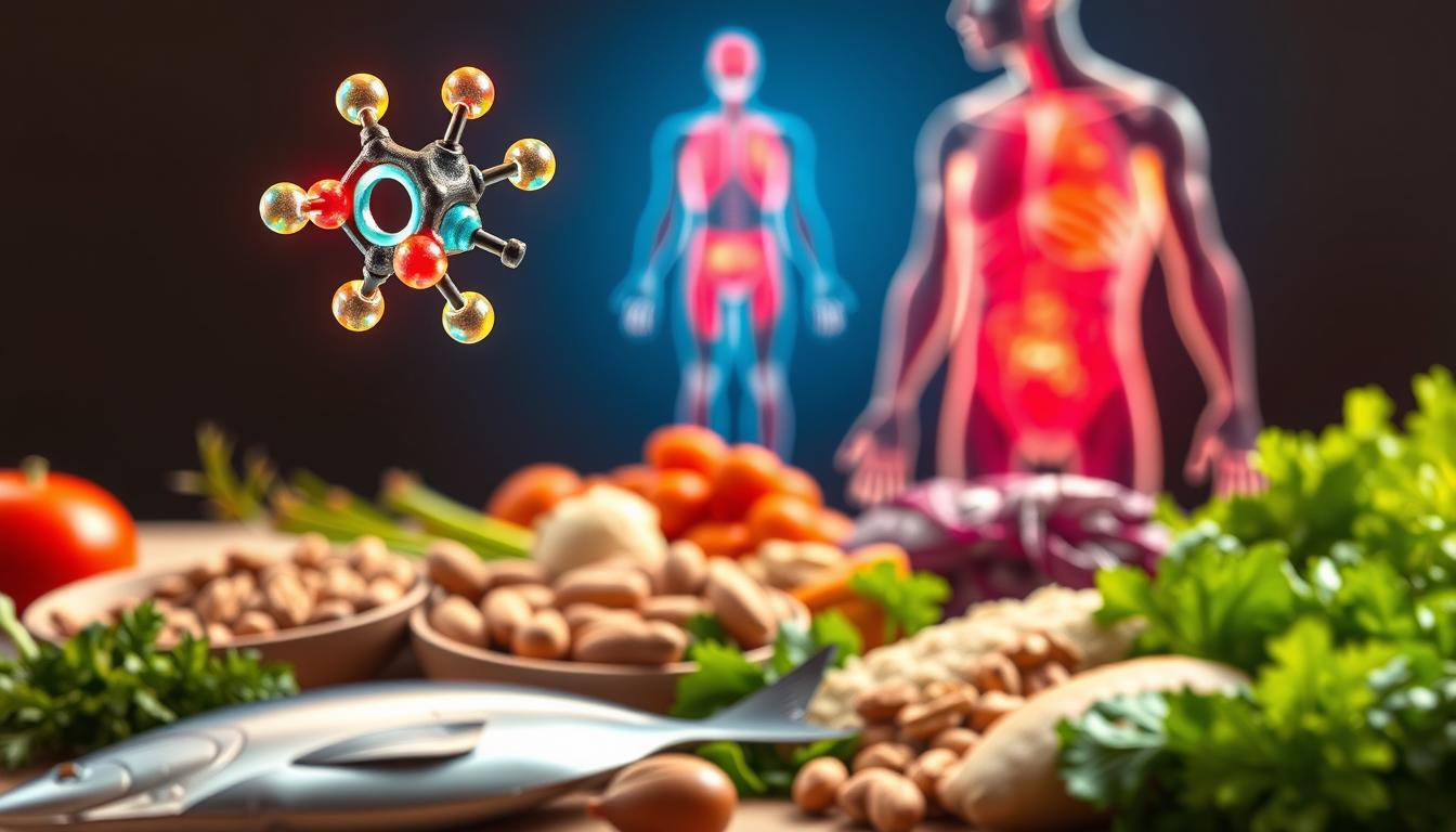 Vibrant illustration showcasing the role of omega-3 fatty acids in reducing inflammation. In the foreground, a magnified view of an omega-3 molecule, its chemical structure glowing with vivid colors. Behind it, a background depicting the human body, with areas of inflammation highlighted in shades of red. In the middle ground, a collection of natural food sources rich in omega-3s, such as fish, nuts, and leafy greens, arranged in an aesthetic, appetizing display. Soft, warm lighting illuminates the scene, creating a sense of health and vitality. The overall composition conveys the powerful anti-inflammatory benefits of omega-3 fatty acids through a visually compelling and informative illustration.
