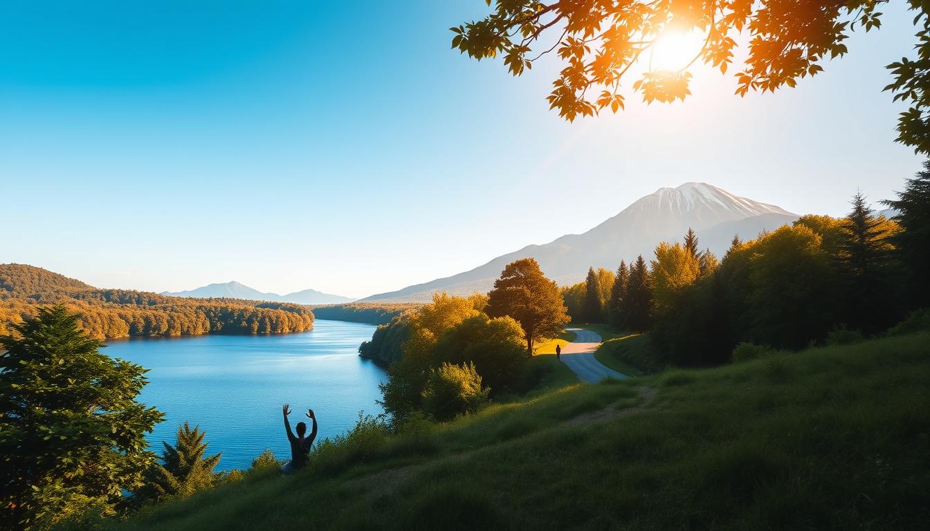 Vibrant landscape showcasing the essence of wellness. In the foreground, a serene lake reflects the blue sky, surrounded by lush, verdant foliage. Warm sunlight filters through the trees, casting a gentle glow across the scene. In the middle ground, a path winds through the greenery, inviting the viewer to embark on a journey of self-care and rejuvenation. Silhouettes of people engage in various wellness activities, such as yoga, meditation, and mindful walking. The background features a majestic mountain range, symbolizing the boundless potential of personal growth and well-being. The overall atmosphere is one of tranquility, balance, and the harmonious integration of the physical, mental, and spiritual aspects of life. Vibrant landscape showcasing the essence of wellness. In the foreground, a serene lake reflects the blue sky, surrounded by lush, verdant foliage. Warm sunlight filters through the trees, casting a gentle glow across the scene. In the middle ground, a path winds through the greenery, inviting the viewer to embark on a journey of self-care and rejuvenation. Silhouettes of people engage in various wellness activities, such as yoga, meditation, and mindful walking. The background features a majestic mountain range, symbolizing the boundless potential of personal growth and well-being. The overall atmosphere is one of tranquility, balance, and the harmonious integration of the physical, mental, and spiritual aspects of life.
