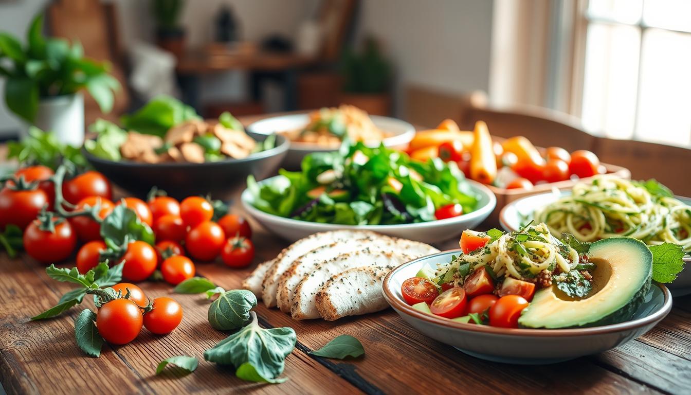Vibrant low-carb lunch recipes presented on a rustic wooden table. In the foreground, a variety of fresh, colorful ingredients are arranged artfully - juicy tomatoes, crisp leafy greens, seasoned grilled chicken, creamy avocado slices. The middle ground showcases a selection of nutrient-dense dishes, such as a hearty keto-friendly salad and a flavorful zucchini noodle bowl. The background is softly blurred, allowing the vibrant meal options to take center stage. Natural lighting filters in, casting a warm, inviting glow over the scene. The overall atmosphere is one of health, satisfaction, and culinary delight.