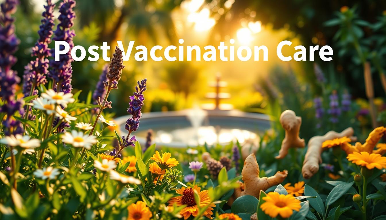 Vibrant, lush garden filled with natural remedies for post-vaccination care. Prominently featured in the foreground, an array of soothing herbs and plants - chamomile, lavender, ginger, and turmeric - arranged in a visually striking manner. The middle ground showcases a serene, sun-dappled setting with a calming water feature. In the background, a warm, golden-hued sky creates a sense of tranquility and healing. The overall composition conveys a feeling of wellness, nourishment, and the power of nature to provide natural solutions for post-vaccination inflammation.