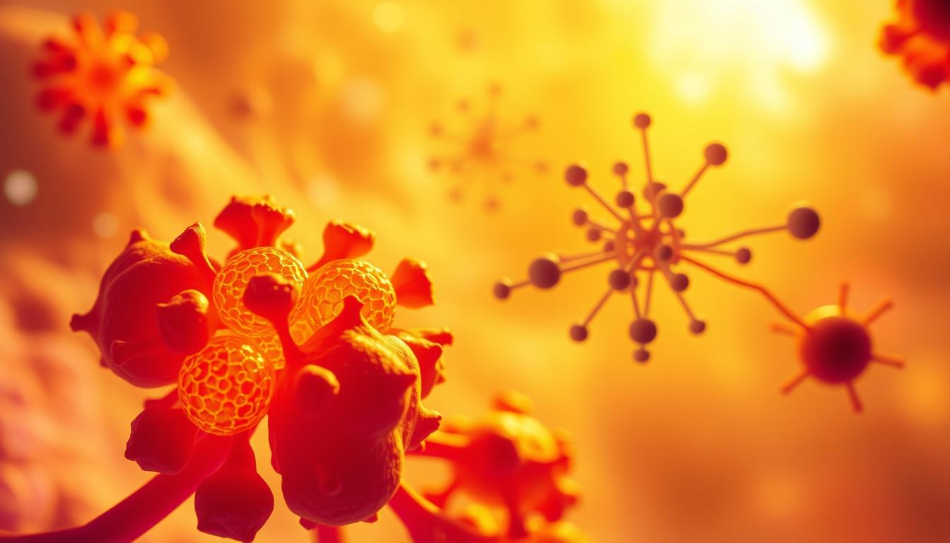 Vibrant micrograph showcasing the intricate dance between insulin resistance and mitochondria. In the foreground, a cluster of mitochondria, their intricate cristae structure illuminated, surrounded by a hazy backdrop of cellular activity. In the middle ground, a network of glucose transporters and insulin receptors, their interactions disrupted by the signs of insulin resistance. The background bathes in a warm, golden glow, hinting at the energetic processes at play within the cell. Captured through a high-resolution lens, this image offers a captivating glimpse into the metabolic machinery at the heart of weight management.