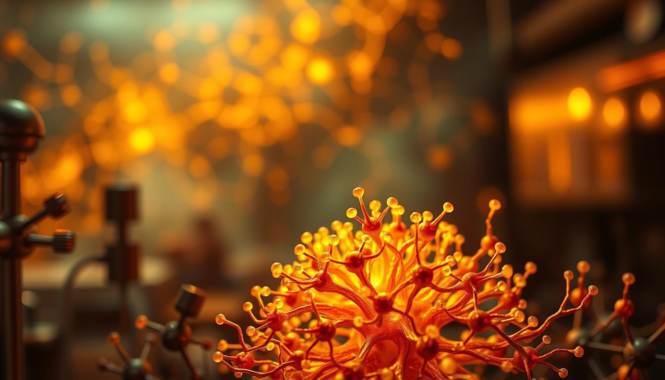 Vibrant microscopic scene depicting advanced mitochondrial research. In the foreground, a cluster of glowing, intricate mitochondria pulsing with energy. In the middle ground, molecular models and lab equipment suggest ongoing scientific investigation. The background features a blurred, hazy landscape of neural networks, highlighting the deep connection between mitochondrial function and metabolic processes. Warm lighting casts a golden glow, creating an atmosphere of discovery and scientific breakthroughs. Captured with a shallow depth of field, macro lens, and moody chiaroscuro lighting to emphasize the complexity and importance of these tiny cellular powerhouses.