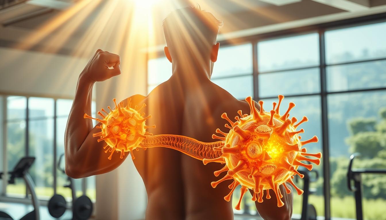 Vibrant mitochondria pulsing with energy, surrounded by a muscular human form engaged in strength training. Beams of golden light stream through a sunlit gym, highlighting the intricate structure of these cellular powerhouses. In the foreground, a person's chiseled physique contracts with each lift, muscles rippling beneath the skin. The middle ground features a cutaway view, revealing the intricate inner workings of mitochondria, their cristae and membranes illuminated. In the background, exercise equipment and a panoramic window overlooking a lush, verdant landscape, emphasizing the connection between physical activity and cellular rejuvenation.