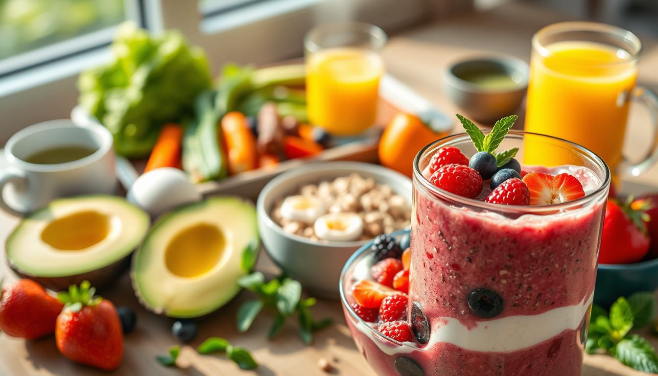 Vibrant morning nutrition tableau featuring an assortment of metabolism-boosting superfoods. In the foreground, a smoothie bowl brimming with colorful berries, chia seeds, and yogurt. Midsection showcases sliced avocado, boiled eggs, and a glass of freshly squeezed orange juice. In the background, a tray of roasted vegetables, steaming oatmeal, and a cup of green tea. Warm, natural lighting illuminates the scene, creating a cozy, inviting atmosphere. Crisp, high-resolution photography with a shallow depth of field focus, accentuating the textures and vibrant hues of the nutritious spread.