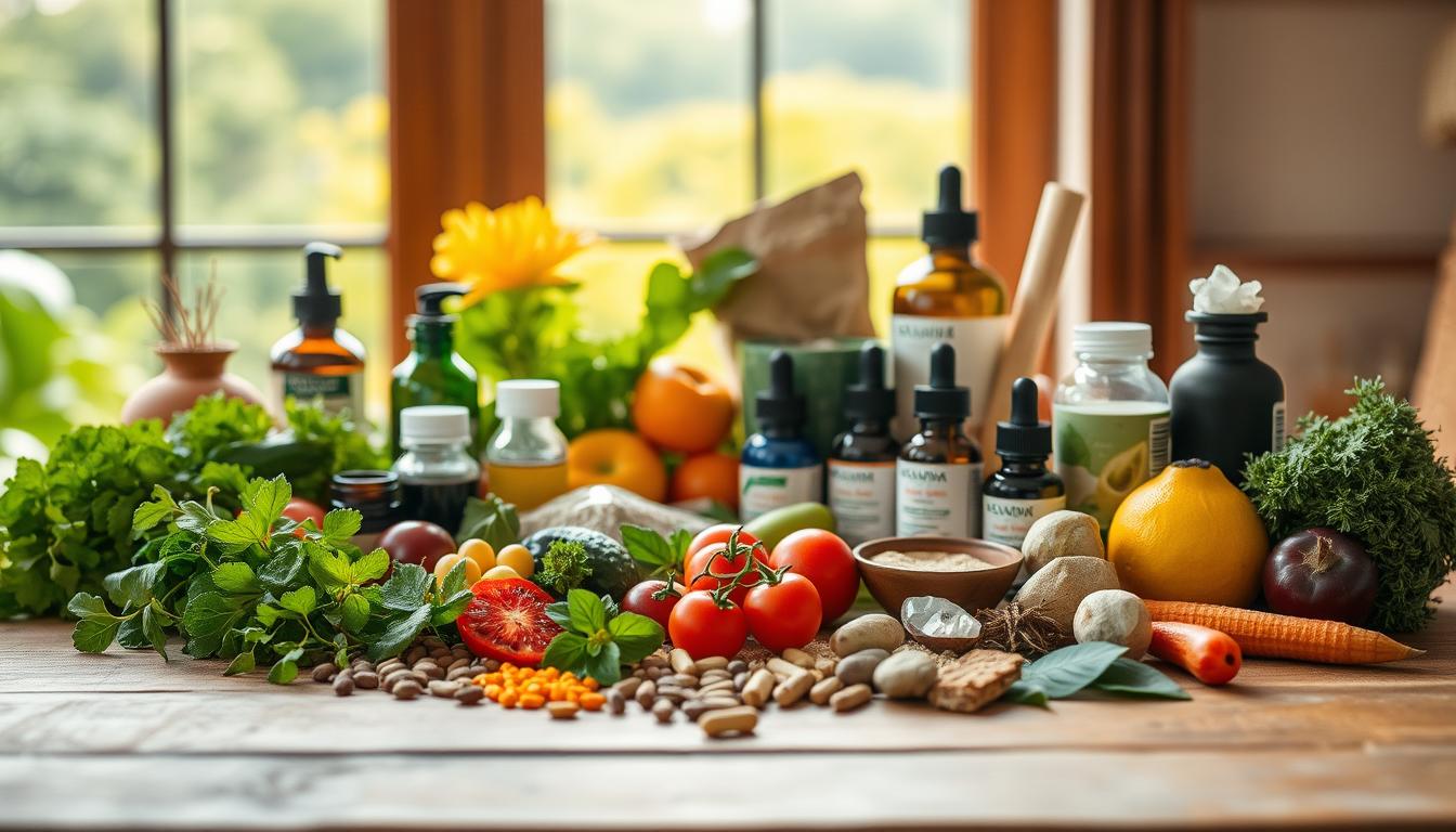 Vibrant natural health hacks laid out on a wooden table. In the foreground, an assortment of fresh herbs, fruits, and vegetables in a warm, earthy palette. In the middle ground, various wellness items like essential oils, crystals, and organic supplements. The background features a blurred, sunlit window overlooking a lush, green landscape, creating a serene, spa-like atmosphere. Soft, diffused lighting casts a gentle glow across the scene, highlighting the natural, holistic theme. The composition emphasizes the simplicity and accessibility of these "lazy person's" health solutions. Vibrant natural health hacks laid out on a wooden table. In the foreground, an assortment of fresh herbs, fruits, and vegetables in a warm, earthy palette. In the middle ground, various wellness items like essential oils, crystals, and organic supplements. The background features a blurred, sunlit window overlooking a lush, green landscape, creating a serene, spa-like atmosphere. Soft, diffused lighting casts a gentle glow across the scene, highlighting the natural, holistic theme. The composition emphasizes the simplicity and accessibility of these "lazy person's" health solutions.