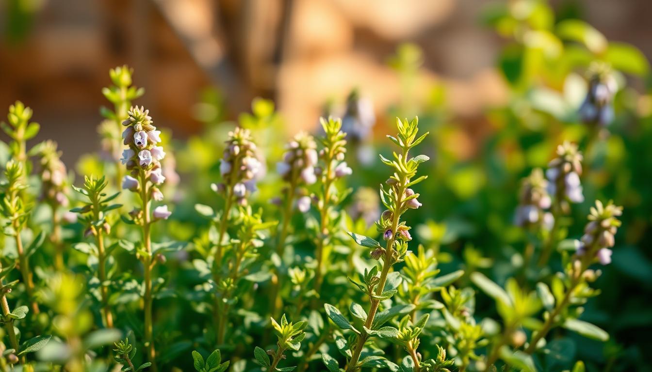 Vibrant oregano sprigs growing in a lush, verdant garden, their leaves glistening in warm, natural lighting. In the foreground, the aromatic herb's distinctive green hues and delicate purple flowers stand out against a soft, blurred background of earthy tones. The composition captures the herb's inherent vitality, hinting at its potential as a fat-burning superfood. Captured with a shallow depth of field and a slight angle to draw the viewer's eye towards the center of the frame, this image evokes a sense of nature's abundant bounty and the power of lesser-known medicinal plants.