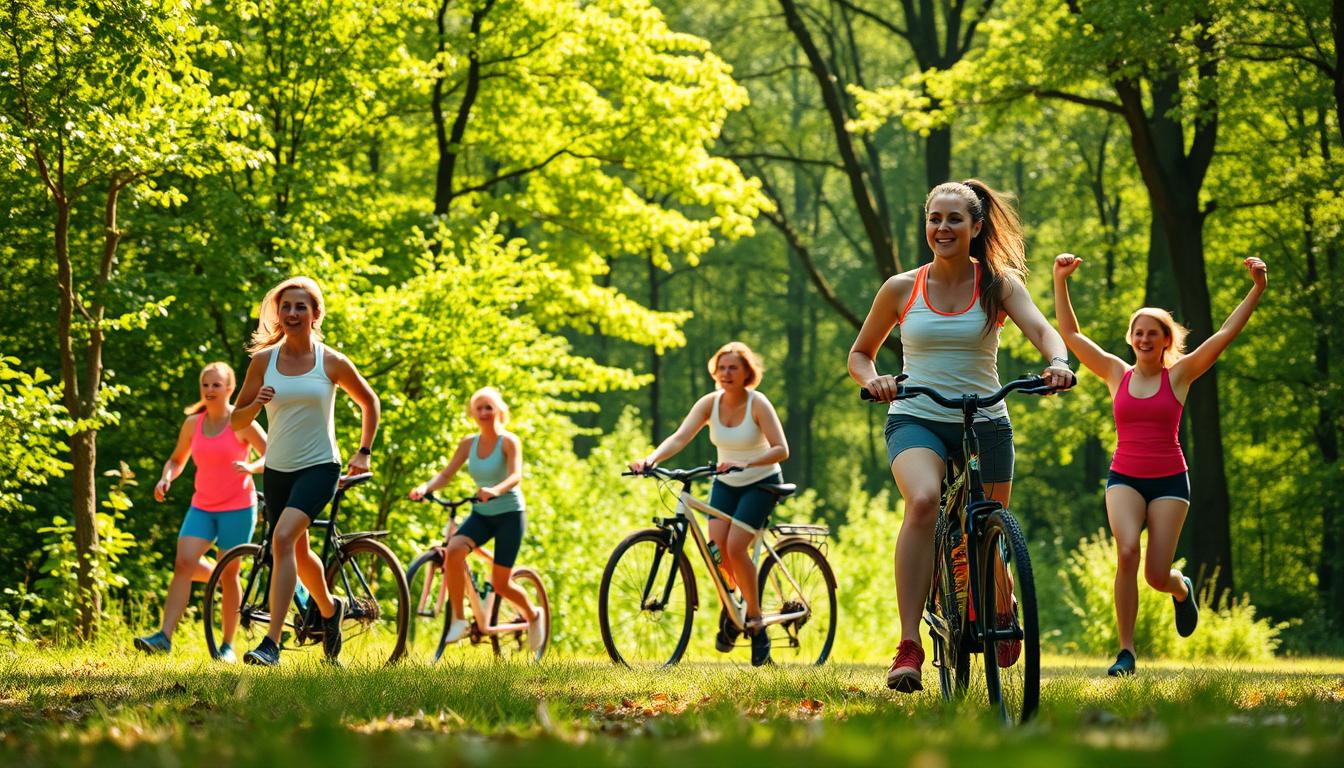 Vibrant outdoor scene with a lush, verdant forest backdrop. In the foreground, a group of people engaging in various natural fat-burning activities, such as jogging, cycling, and performing bodyweight exercises in a serene, sun-dappled setting. The figures are well-defined, with a sense of energy and dynamism. The lighting is warm and diffused, creating a sense of vitality and rejuvenation. The overall composition is balanced, with the natural elements of the forest complementing the active human figures, conveying the idea of a holistic, nature-inspired approach to fat burning.