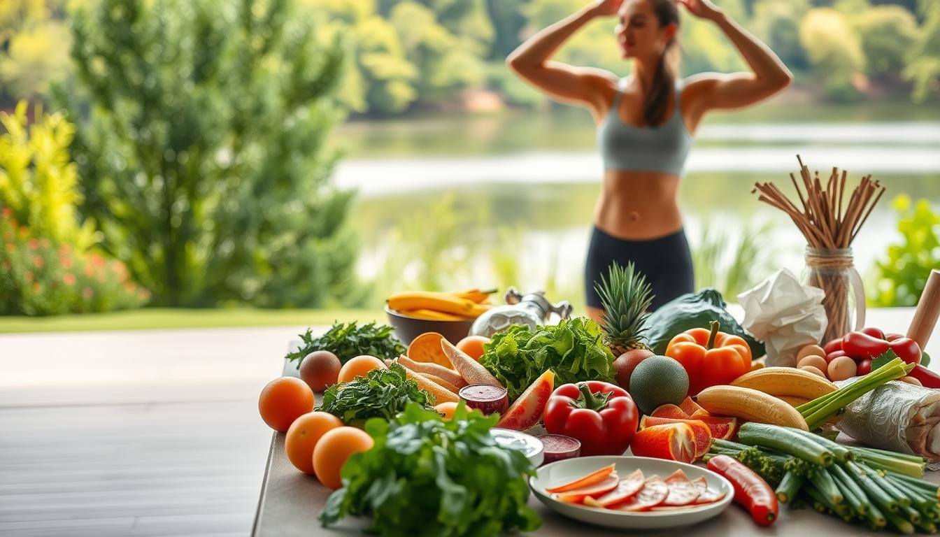 Vibrant scene depicting a person engaged in a balanced and sustainable weight management routine. In the foreground, a person performing yoga or light exercises, their body language conveying focus and determination. In the middle ground, a table with a variety of fresh, healthy foods - colorful fruits, vegetables, and lean proteins. In the background, a serene natural setting with lush greenery and a calming body of water, suggesting a tranquil, wellness-focused environment. Soft, natural lighting illuminates the scene, creating a sense of balance and harmony. The overall atmosphere evokes a lifestyle of long-term, holistic well-being.