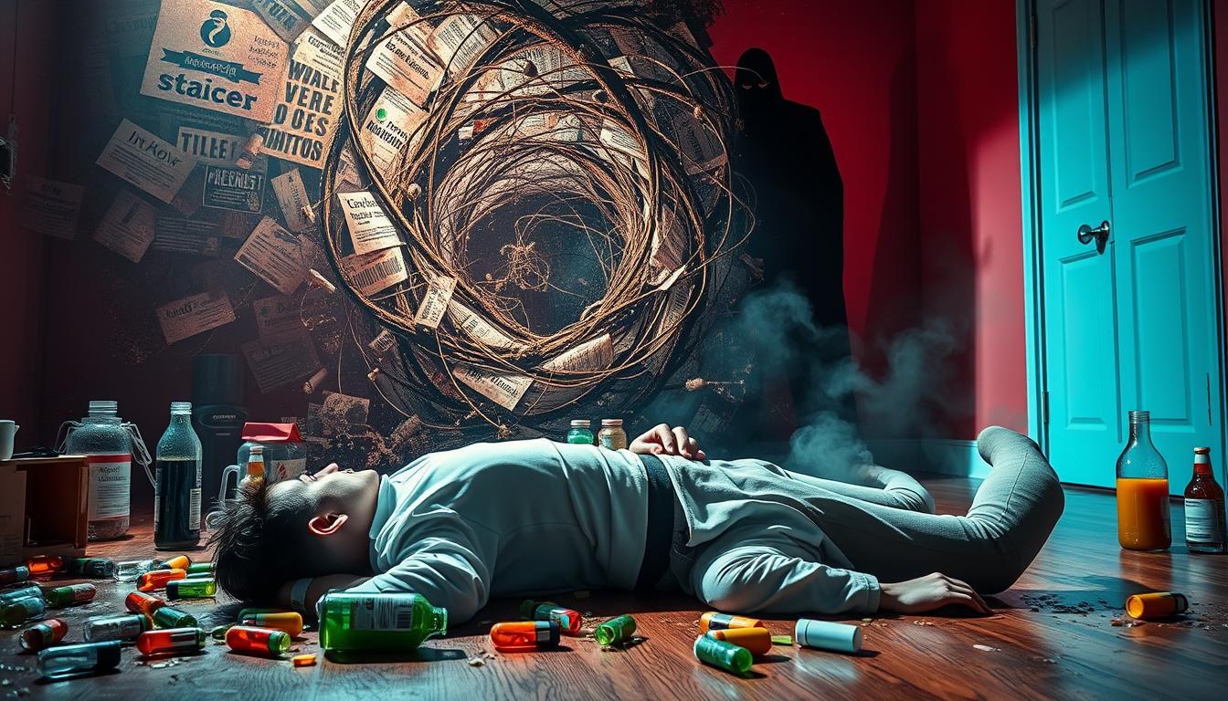 Vibrant scene depicting the hidden dangers of detox diets and cleanses. In the foreground, a person lies exhausted on the floor, surrounded by empty pill bottles and juicing equipment. In the middle ground, a swirling vortex of toxic sludge emanates from a tangled web of contradictory diet advice. In the background, a shadowy figure representing the exploitative wellness industry looms ominously. Bright, harsh lighting casts unsettling shadows, conveying the sense of peril and false promises. A cautionary tale of the perils of extreme dietary regimens, captured in a dramatic, visceral image.