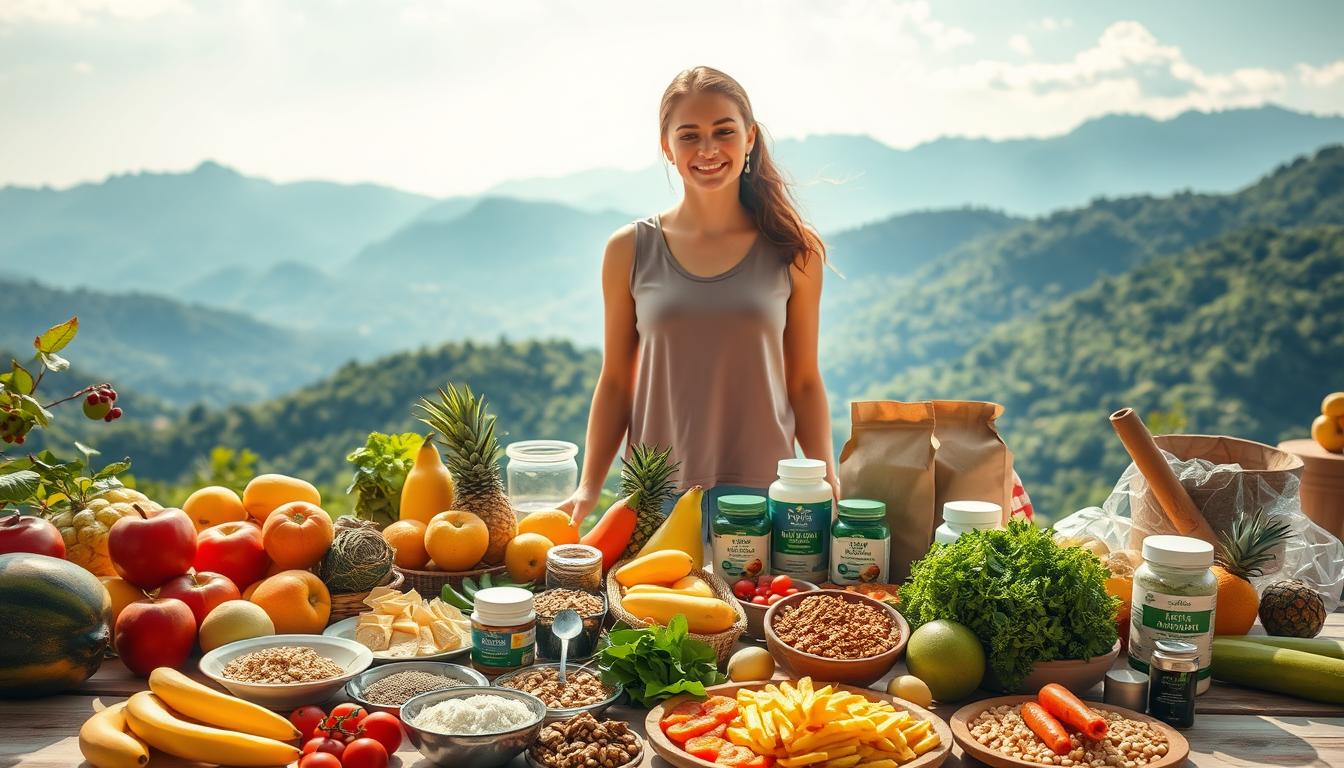 Vibrant scene of a person embarking on an anti-inflammatory diet journey. In the foreground, a person stands beside a table filled with an array of fresh, colorful fruits, vegetables, and whole grains. Mid-ground, various food items and supplements related to an anti-inflammatory diet are neatly arranged, conveying a sense of organization and commitment. In the background, a lush, verdant landscape with serene mountains and a clear sky creates a peaceful, rejuvenating atmosphere. Warm, natural lighting casts a soft glow, highlighting the vibrant colors and textures of the scene. The overall impression is one of a healthy, balanced lifestyle and a positive, empowered journey towards wellness.