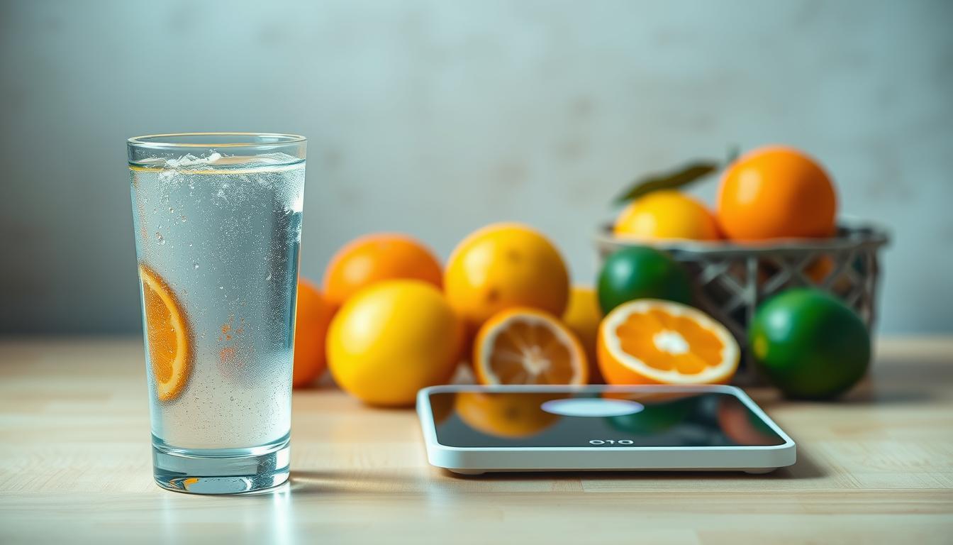 Vibrant still life capturing the essence of hydration and weight loss. In the foreground, a glass of clear, refreshing water with condensation beading on the surface, symbolizing hydration. Surrounding the glass are fresh, colorful fruits like oranges, lemons, and limes, representing natural sources of nutrients. In the middle ground, a sleek, minimalist digital scale rests on a wooden surface, conveying the idea of weight management. The background features a serene, neutral-toned wall, allowing the vibrant elements to take center stage. Soft, diffused lighting illuminates the scene, creating a calming and inviting atmosphere. The overall composition emphasizes the balance between staying hydrated and maintaining a healthy weight through natural means. Vibrant still life capturing the essence of hydration and weight loss. In the foreground, a glass of clear, refreshing water with condensation beading on the surface, symbolizing hydration. Surrounding the glass are fresh, colorful fruits like oranges, lemons, and limes, representing natural sources of nutrients. In the middle ground, a sleek, minimalist digital scale rests on a wooden surface, conveying the idea of weight management. The background features a serene, neutral-toned wall, allowing the vibrant elements to take center stage. Soft, diffused lighting illuminates the scene, creating a calming and inviting atmosphere. The overall composition emphasizes the balance between staying hydrated and maintaining a healthy weight through natural means.