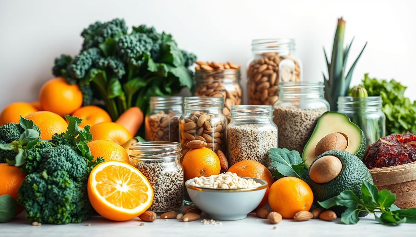 Vibrant still life composition featuring an array of nutritious foods and ingredients essential for boosting metabolism. In the foreground, a selection of fresh fruits and vegetables, including oranges, broccoli, spinach, and avocados, arranged in a harmonious display. In the middle ground, glass jars filled with superfoods like chia seeds, quinoa, and almonds, conveying the importance of incorporating nutrient-dense ingredients into the diet. The background features a clean, minimalist backdrop, allowing the vibrant colors and textures of the food to take center stage. Warm, natural lighting casts a soft glow, accentuating the wholesome, nourishing nature of the scene. The overall mood is one of vitality, wellness, and the pivotal role that proper nutrition plays in boosting metabolism.