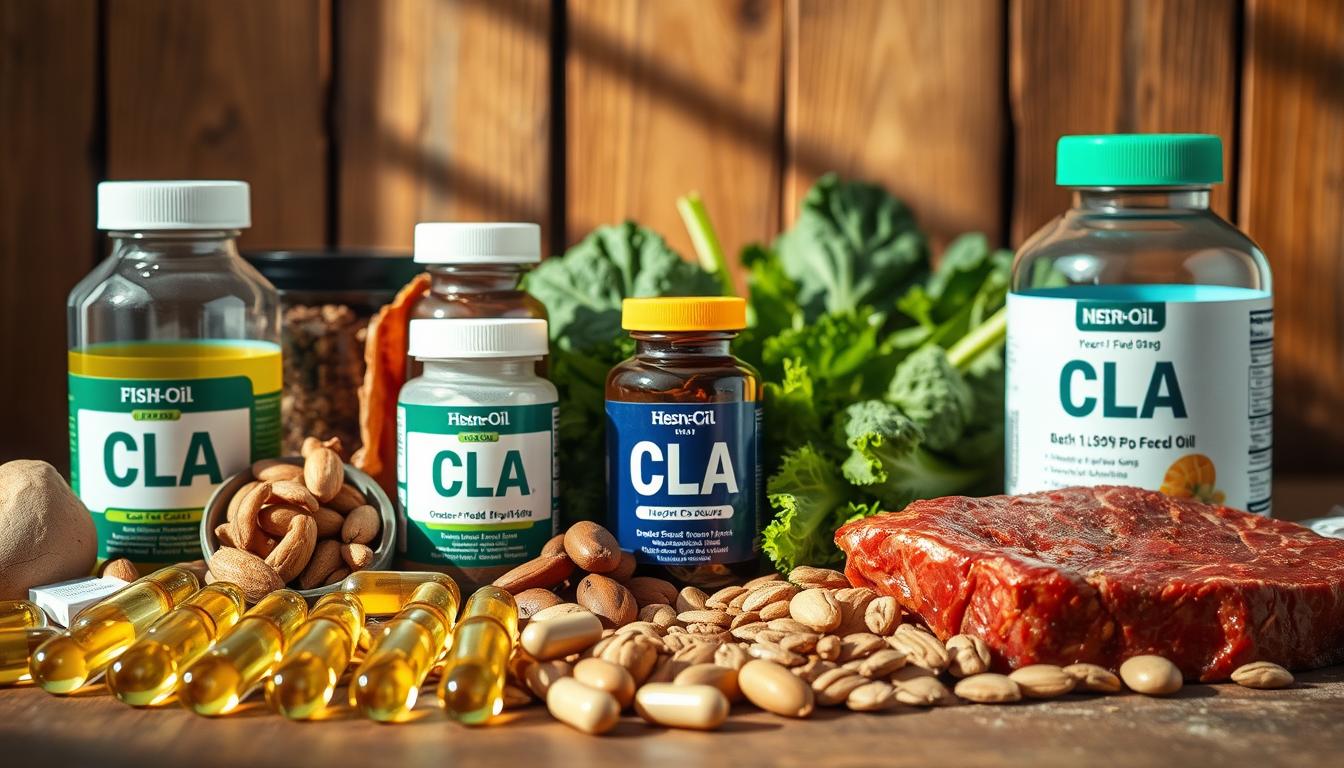 Vibrant still life composition showcasing an assortment of CLA supplements and dietary sources. In the foreground, a mix of CLA softgel capsules, fish oil bottles, and grass-fed beef jerky. In the middle ground, a selection of nuts, seeds, and leafy greens like kale and spinach. The background features a rustic wooden surface with natural lighting casting warm shadows, creating a soothing, earthy atmosphere. The overall scene conveys the natural, health-conscious nature of CLA and its dietary sources.