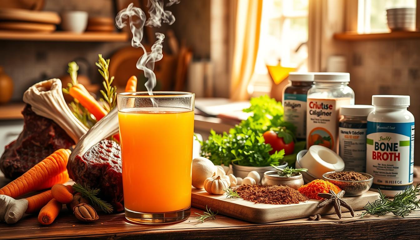 Vibrant still life depicting a variety of bone broth ingredients and health benefits. In the foreground, a glass filled with rich, golden bone broth, steam rising. Surrounding it, an array of nourishing elements: beef bones, vegetables like carrots and celery, herbs, and spices. In the middle ground, a cutting board with a knife, and jars of supplements like collagen and vitamins. The background features a warm, earthy-toned kitchen setting, with sunlight streaming in through a window, casting a soft, natural glow. The overall scene conveys the idea of bone broth as a wholesome, nutrient-dense elixir for cellular health.